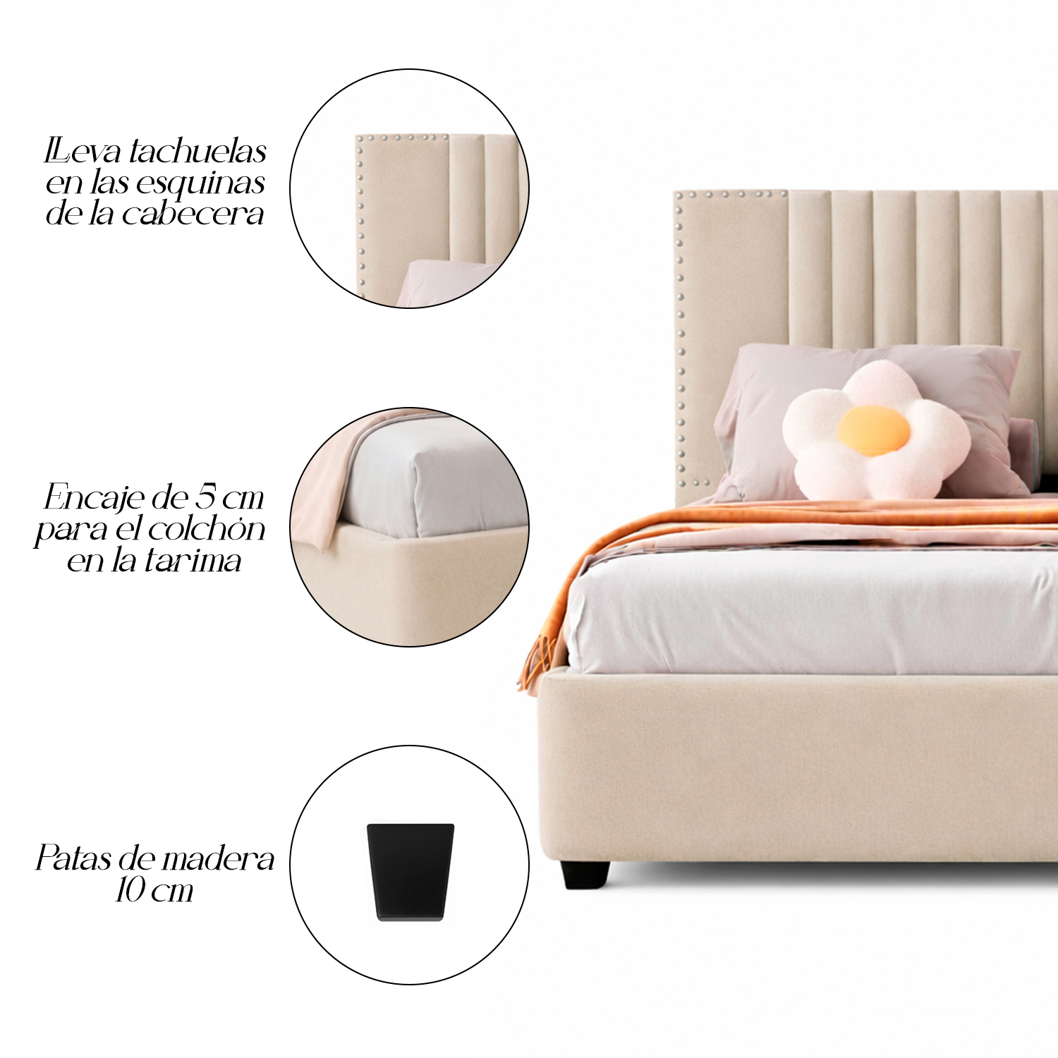CAMA LEMUEBLE TAPIZADA LISTÓN IRIS BEIGE 2 PLAZAS - 5