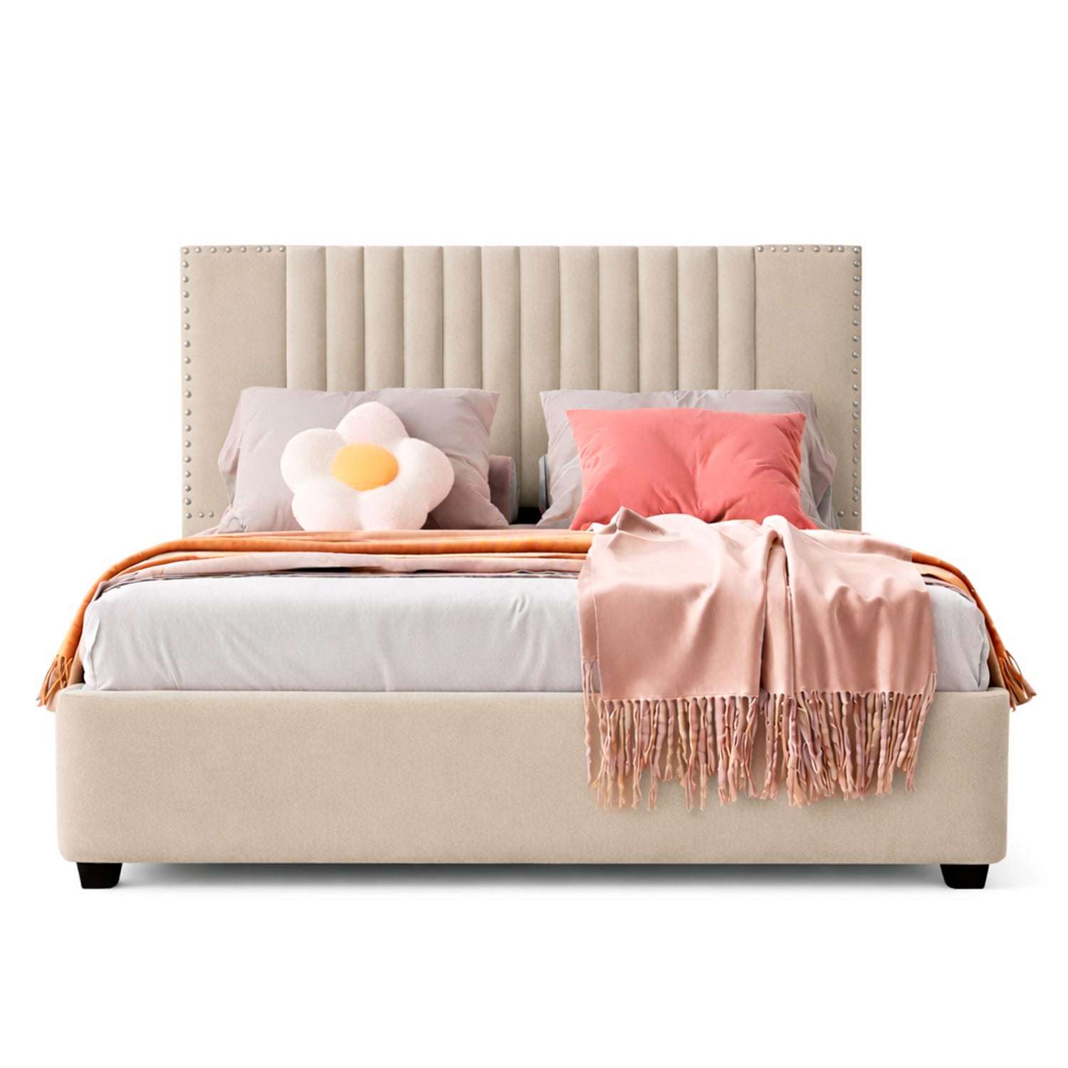 CAMA LEMUEBLE TAPIZADA LISTÓN IRIS BEIGE QUEEN - 1