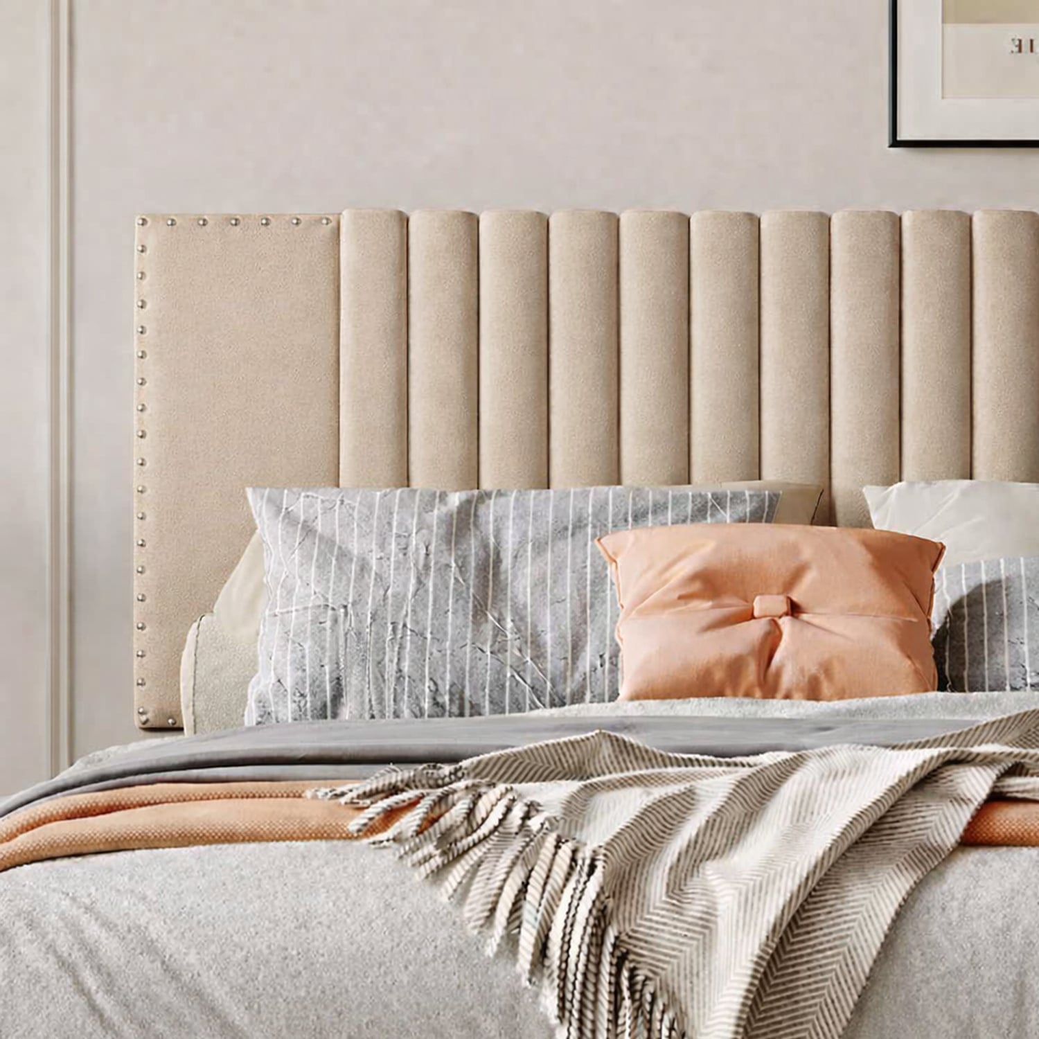 CAMA LEMUEBLE TAPIZADA LISTÓN IRIS BEIGE QUEEN - 3