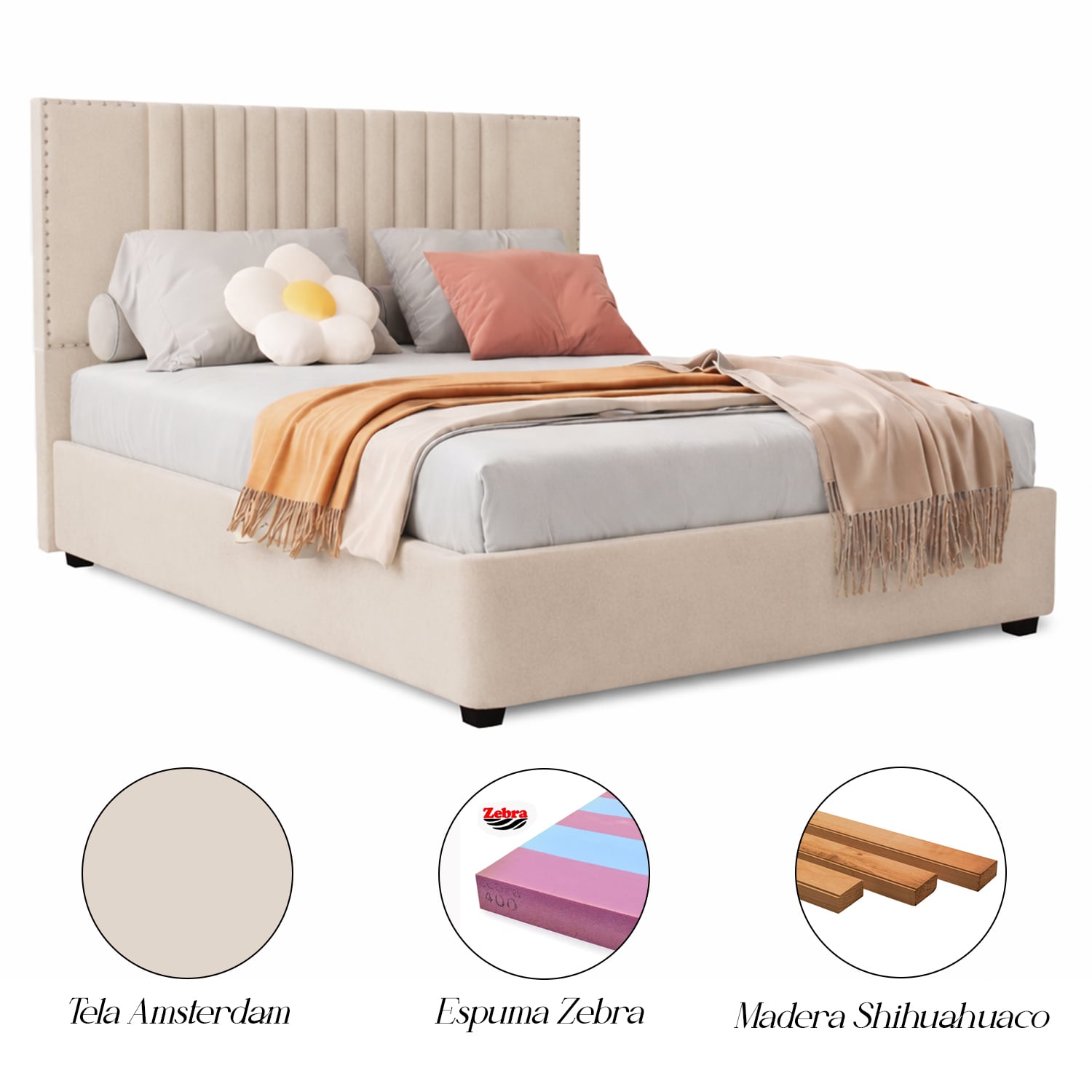 CAMA LEMUEBLE TAPIZADA LISTÓN IRIS BEIGE QUEEN - 4
