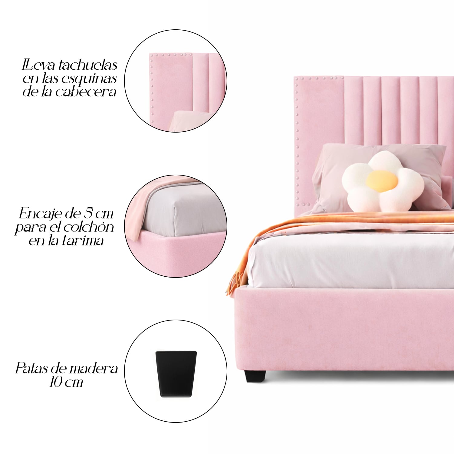 CAMA LEMUEBLE TAPIZADA LISTÓN IRIS ROSADO 1.5 PLZ - 5