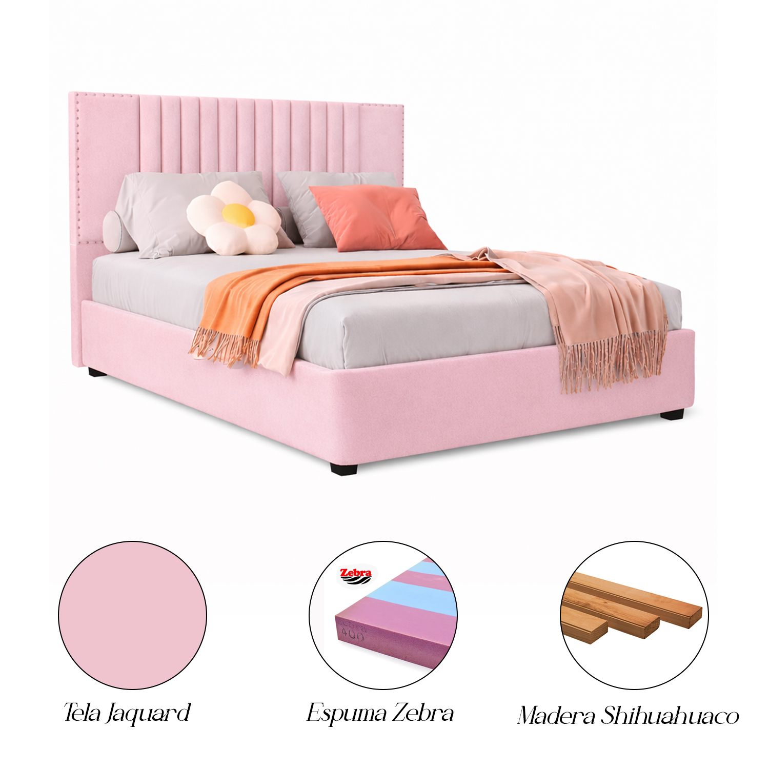 CAMA LEMUEBLE TAPIZADA LISTÓN IRIS ROSADO QUEEN - 4