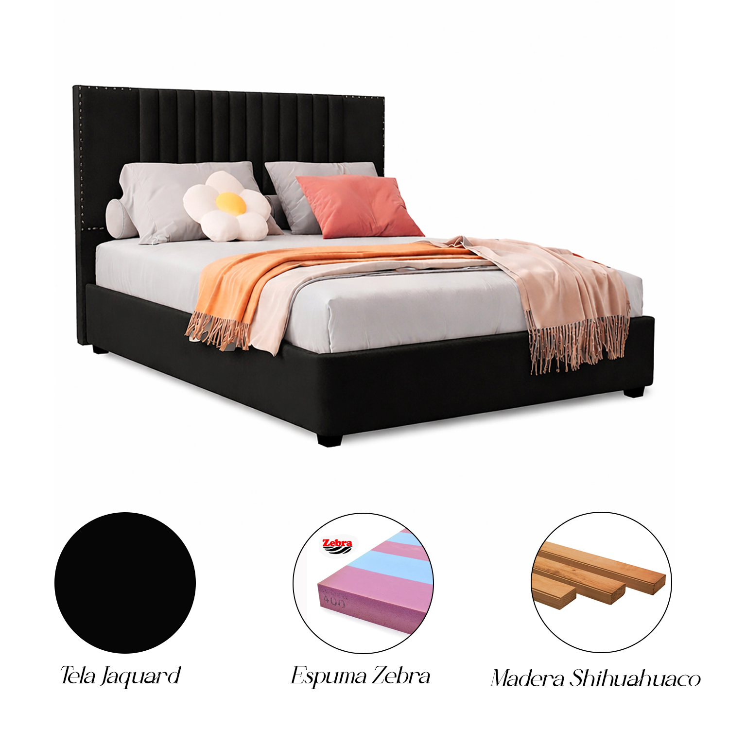 CAMA LEMUEBLE TAPIZADA LISTÓN IRIS NEGRO 2 PLAZAS - 4