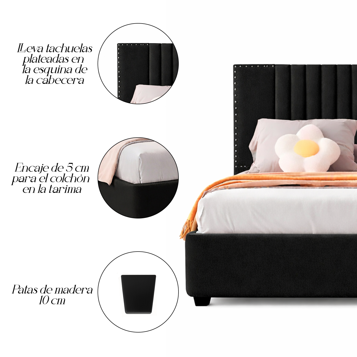 CAMA LEMUEBLE TAPIZADA LISTÓN IRIS NEGRO 2 PLAZAS - 5