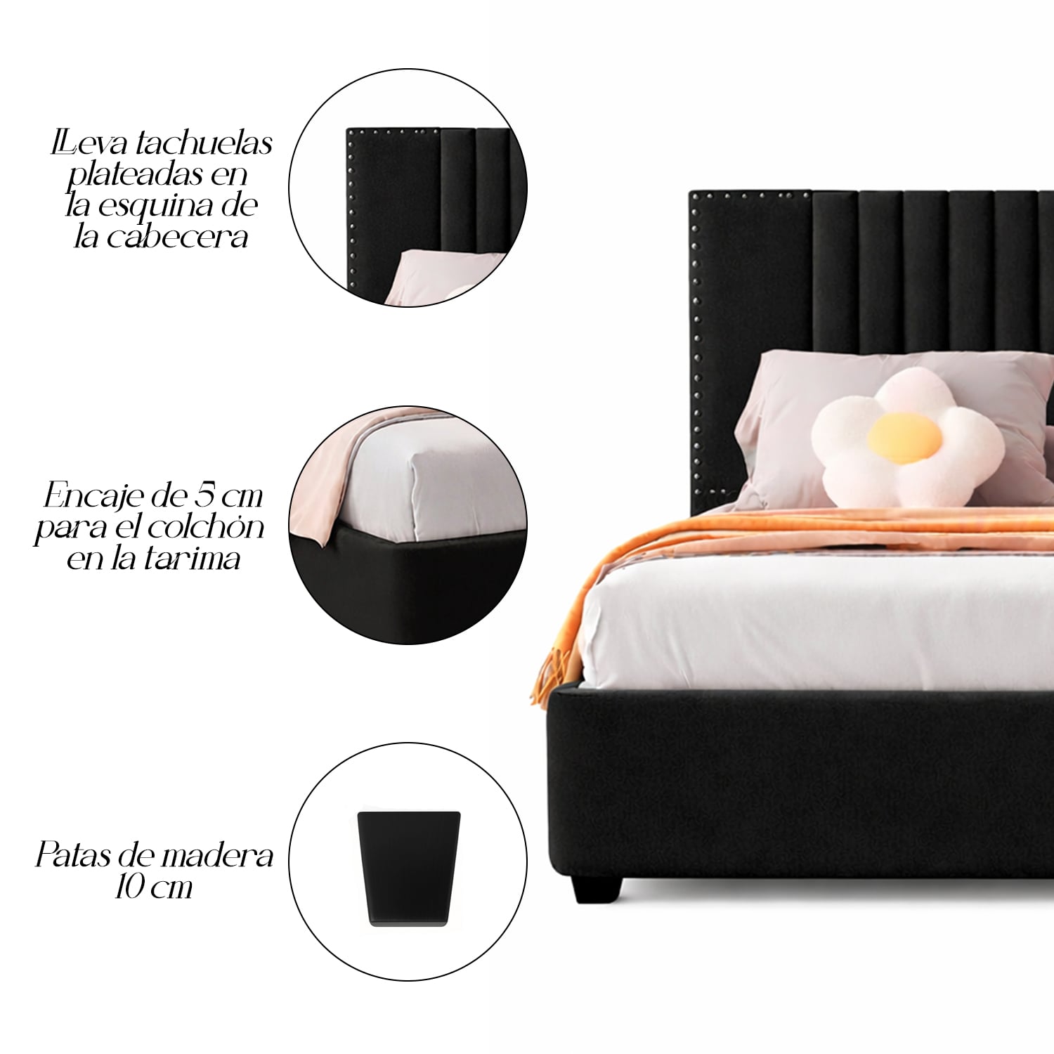 CAMA LEMUEBLE TAPIZADA LISTÓN IRIS NEGRO QUEEN - 5