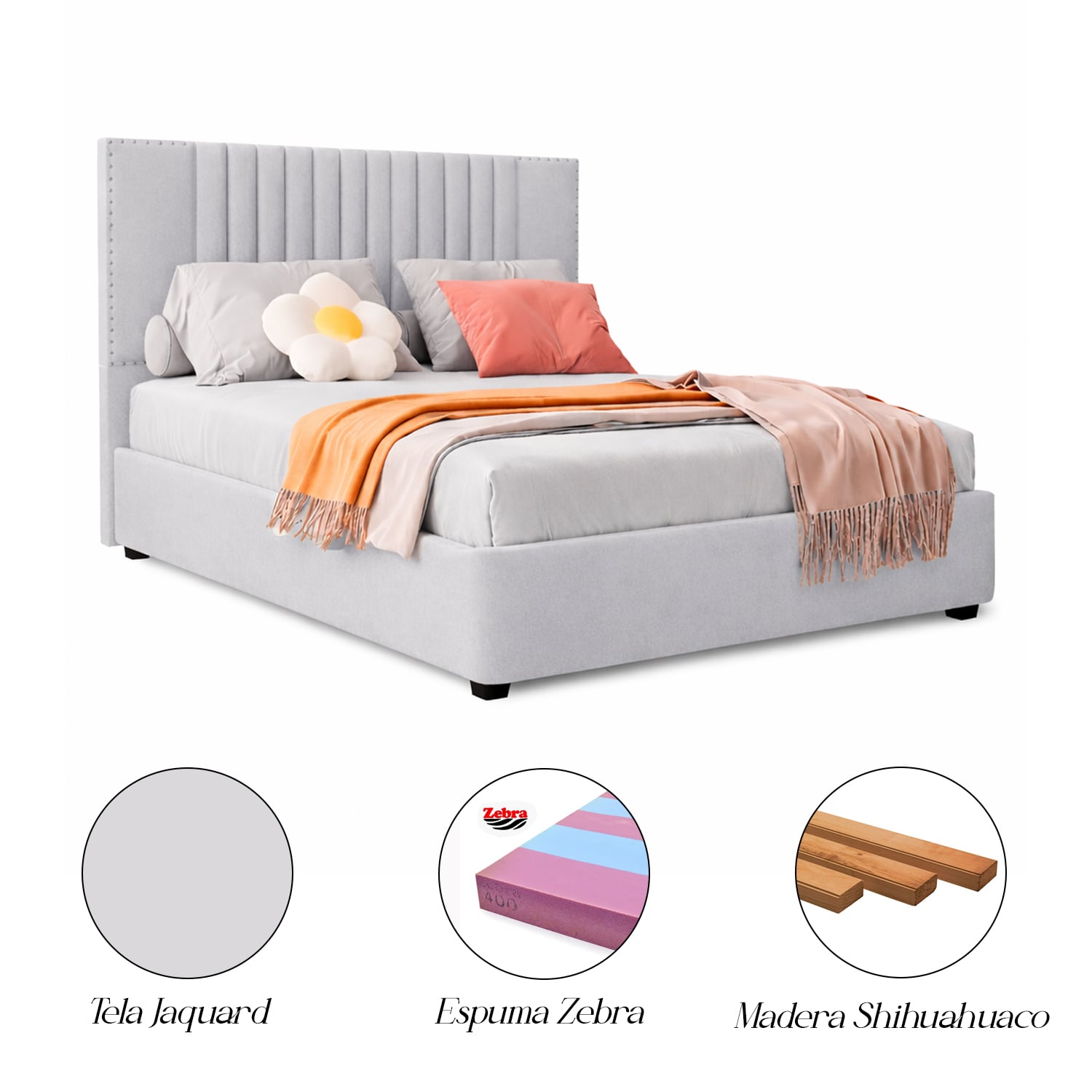 CAMA LEMUEBLE TAPIZADA LISTÓN IRIS GRIS CLARO 1.5 PLZ - 4