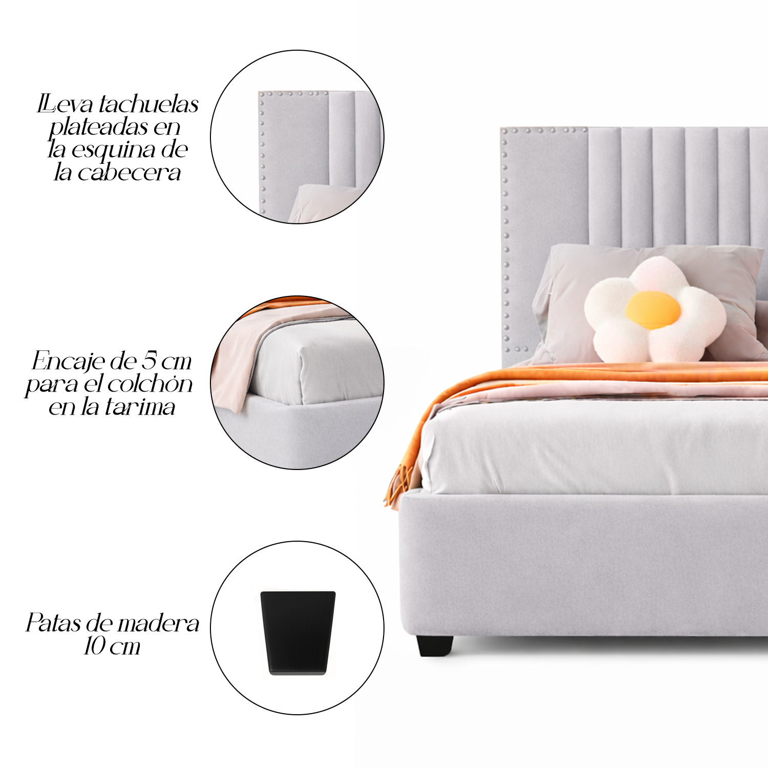 CAMA LEMUEBLE TAPIZADA LISTÓN IRIS GRIS CLARO 1.5 PLZ - 5