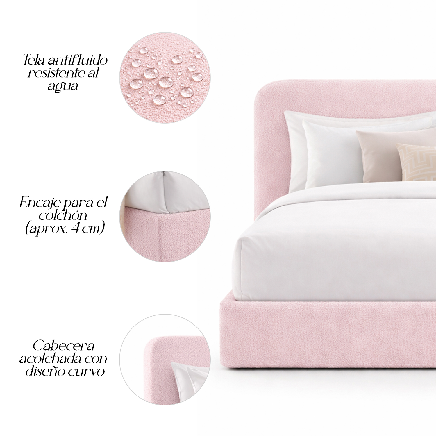 CAMA TAPIZADA CALIFORNIA CURVO ROSA 1.5 PLZ - 6