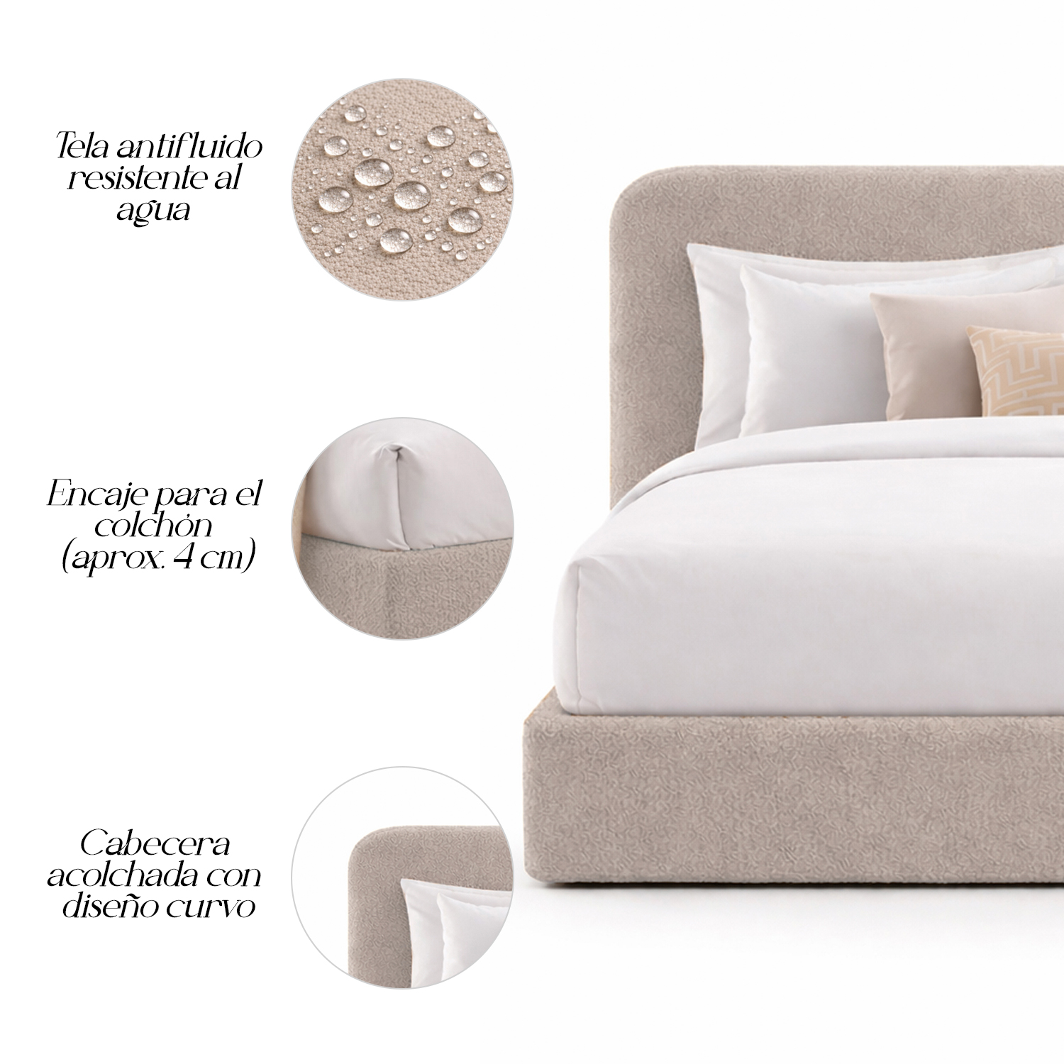 CAMA TAPIZADA CALIFORNIA CURVO CAMEL QUEEN - 6