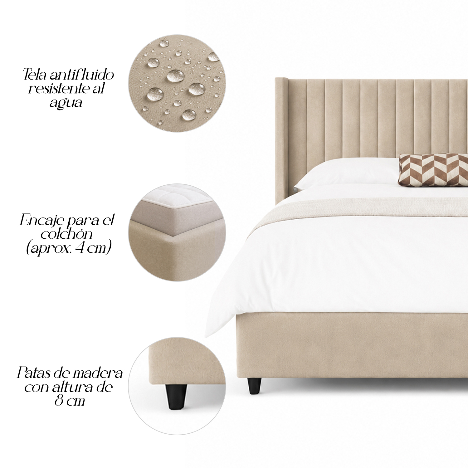 CAMA LEMUEBLE TAPIZADA PANEL BEIGE QUEEN - 4