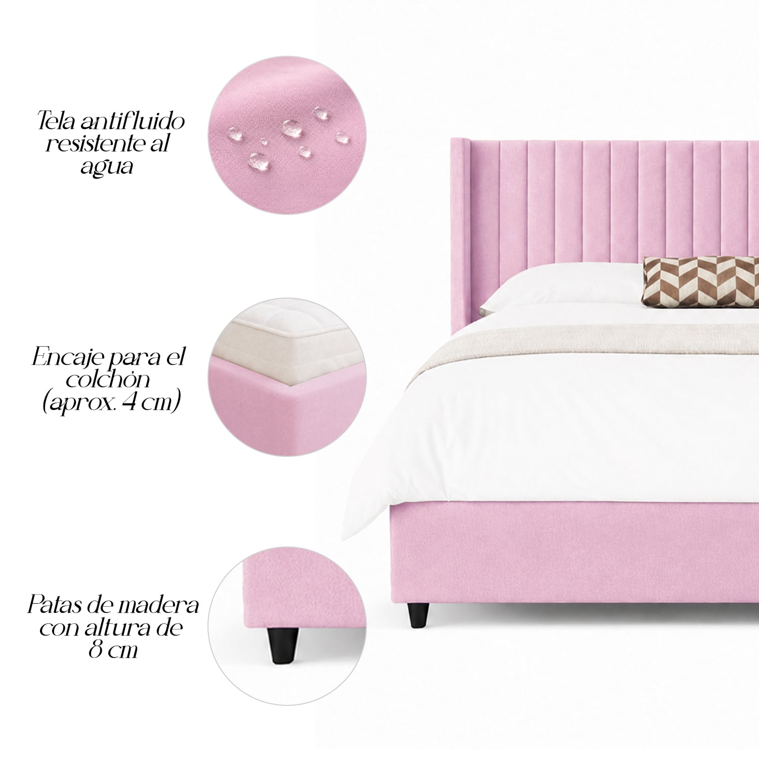 CAMA LEMUEBLE TAPIZADA PANEL ROSA QUEEN - 4
