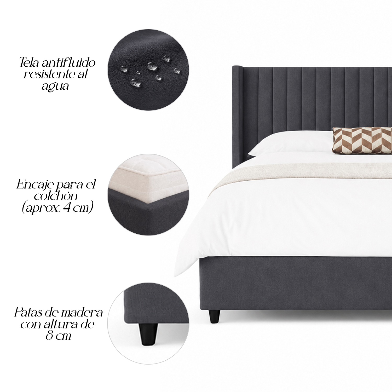 CAMA LEMUEBLE PANEL 1.5 PLAZAS TAPIZADA GRIS OSCURO - 4