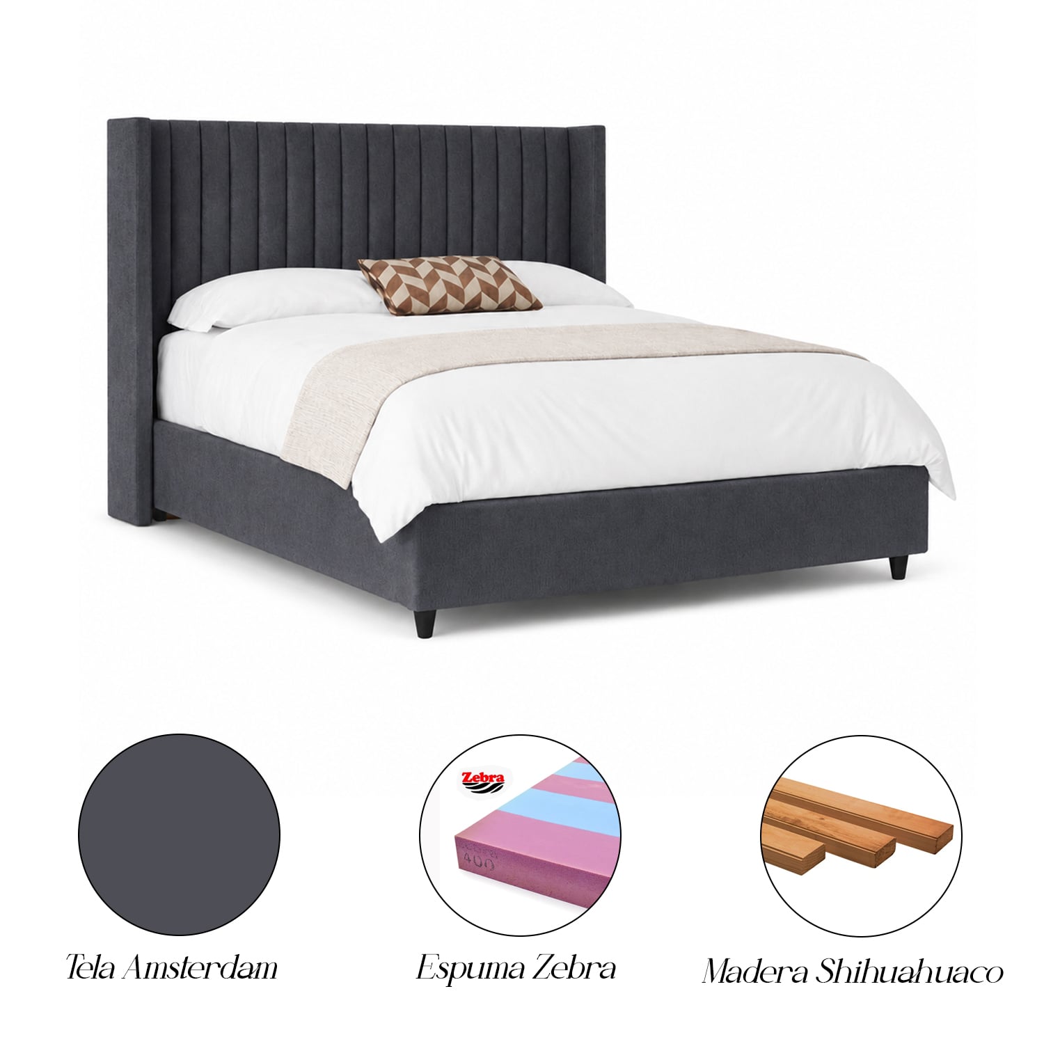 CAMA LEMUEBLE PANEL 1.5 PLAZAS TAPIZADA GRIS OSCURO - 5