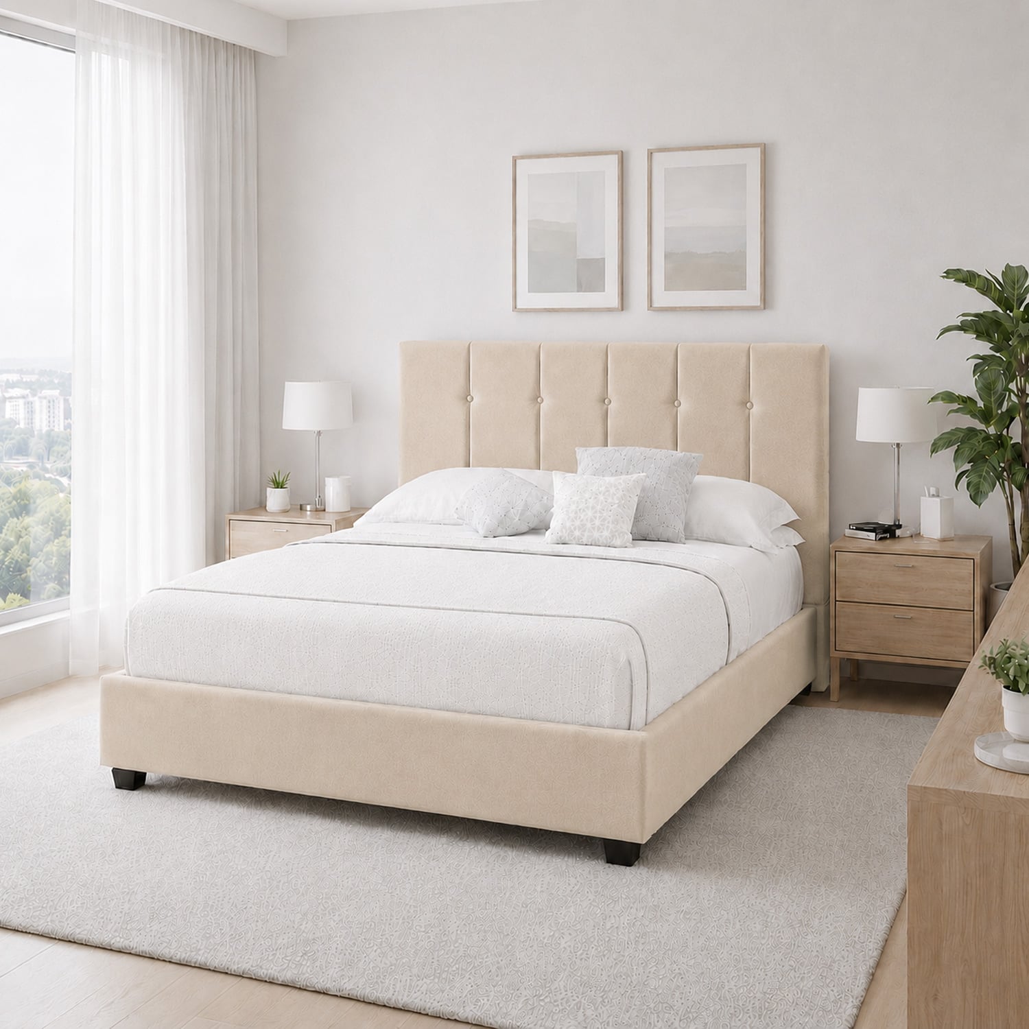 CAMA LEMUEBLE LISTÓN CAPRI TAPIZADA BEIGE QUEEN - 3
