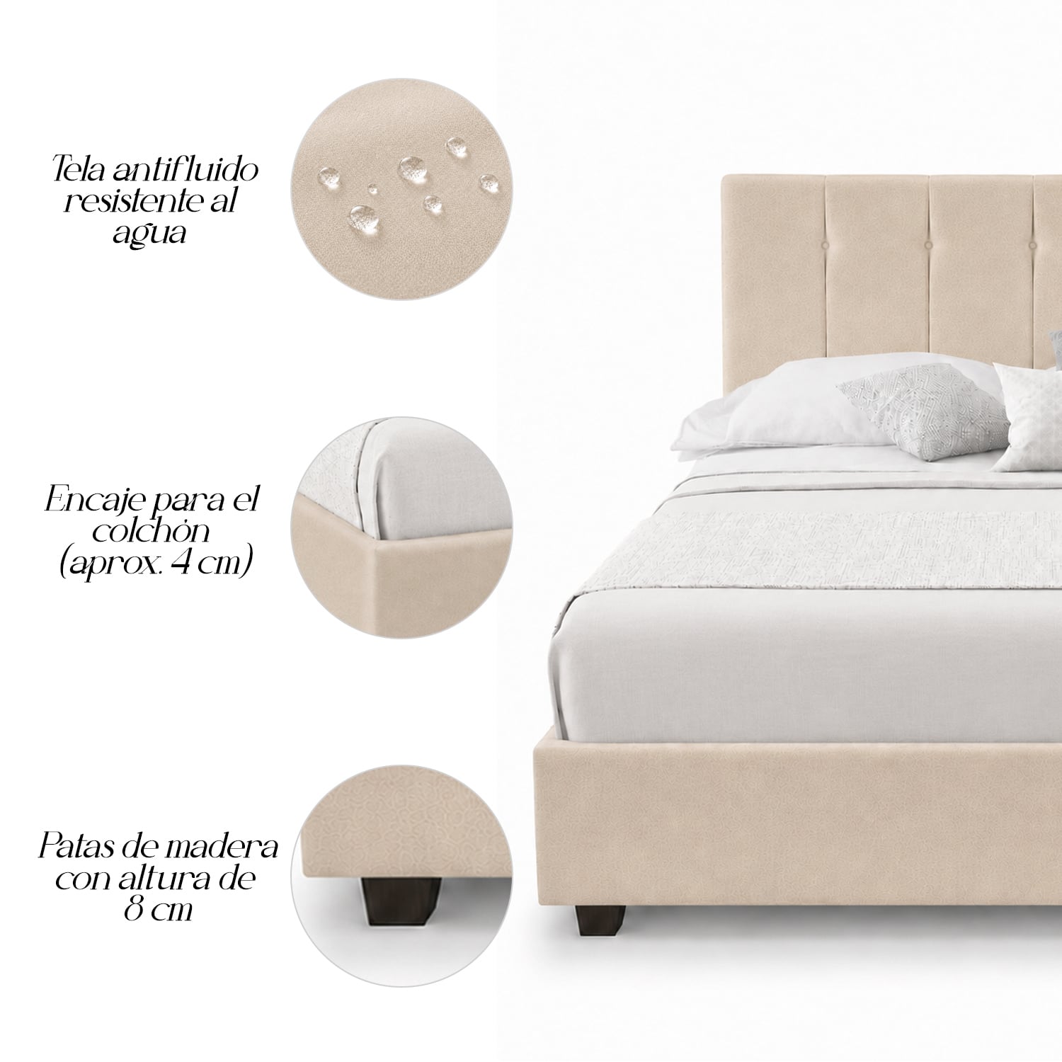 CAMA LEMUEBLE LISTÓN CAPRI TAPIZADA BEIGE QUEEN - 4