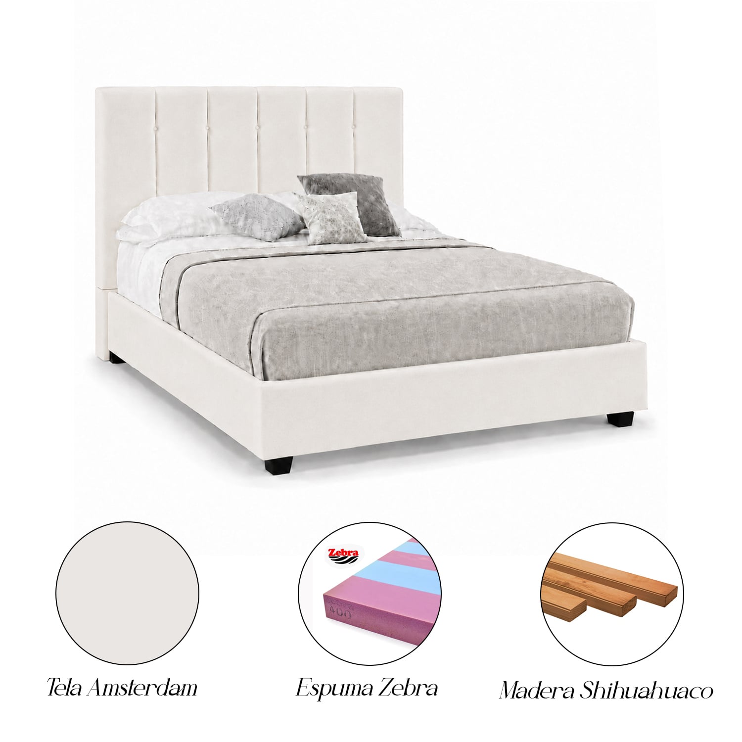 CAMA LEMUEBLE TAPIZADA LISTÓN CAPRI 1.5 PLZ IVORY - 5