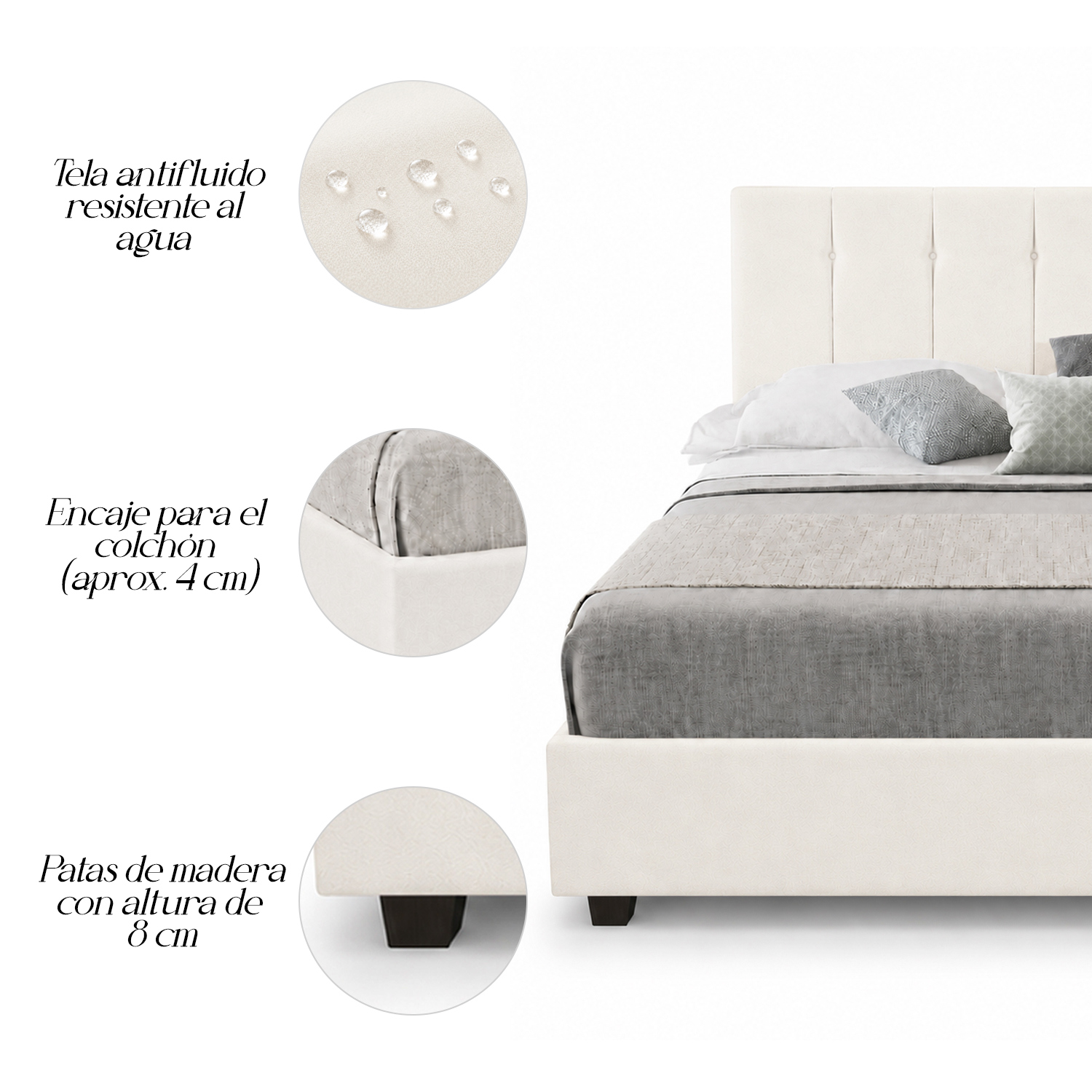 CAMA LEMUEBLE TAPIZADA LISTÓN CAPRI 2 PLAZAS IVORY - 4