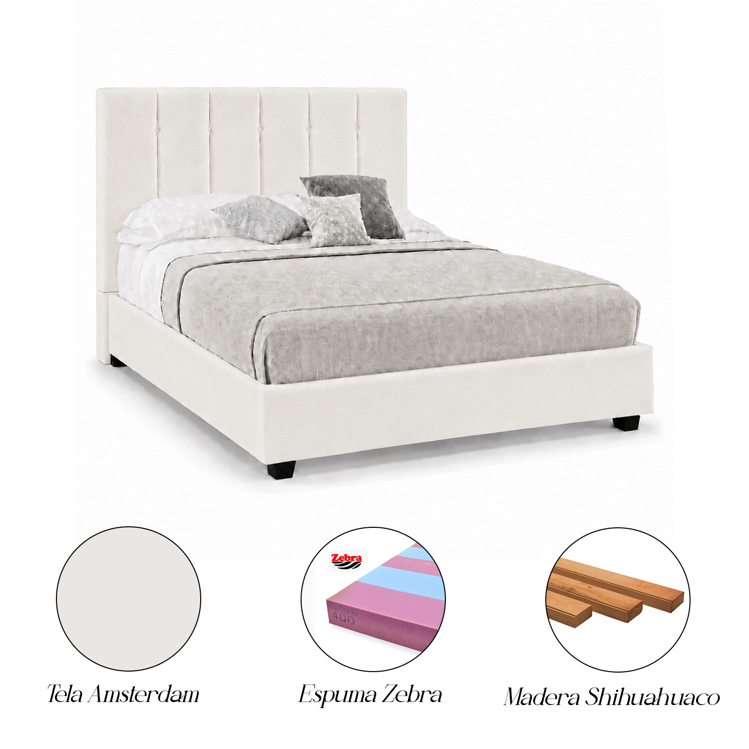 CAMA LEMUEBLE TAPIZADA LISTÓN CAPRI 2 PLAZAS IVORY - 5