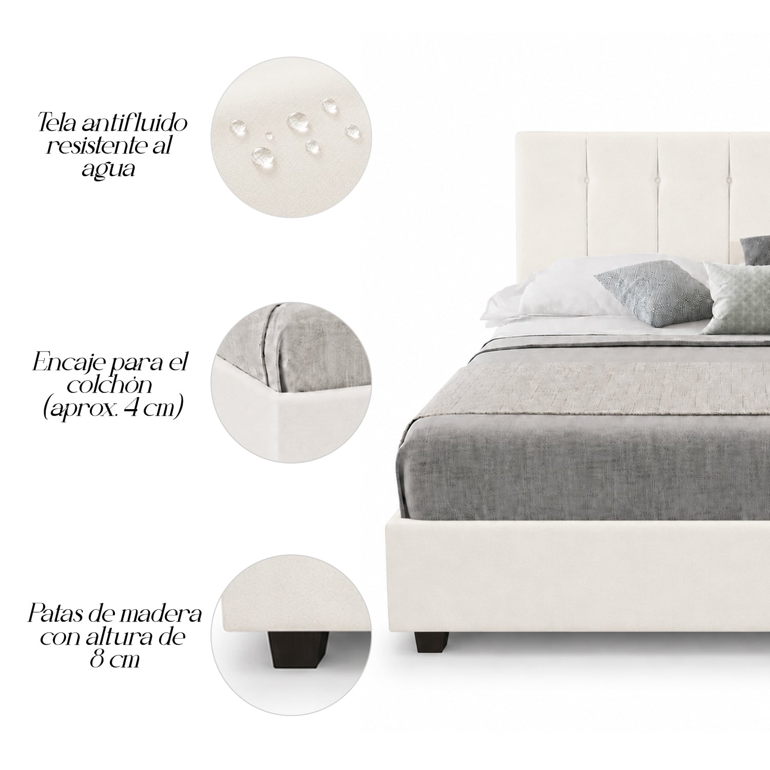 CAMA LEMUEBLE TAPIZADA LISTÓN CAPRI IVORY QUEEN - 4