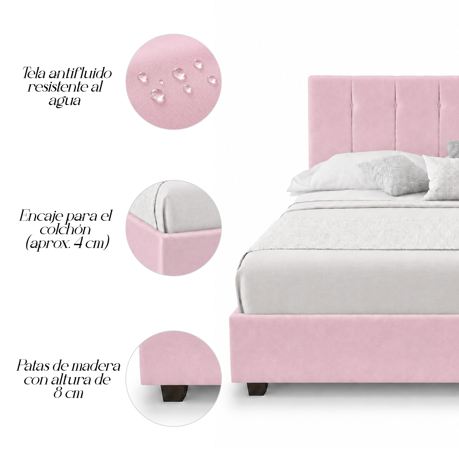 CAMA LEMUEBLE TAPIZADA LISTÓN CAPRI 1.5 PLZ ROSA - 4