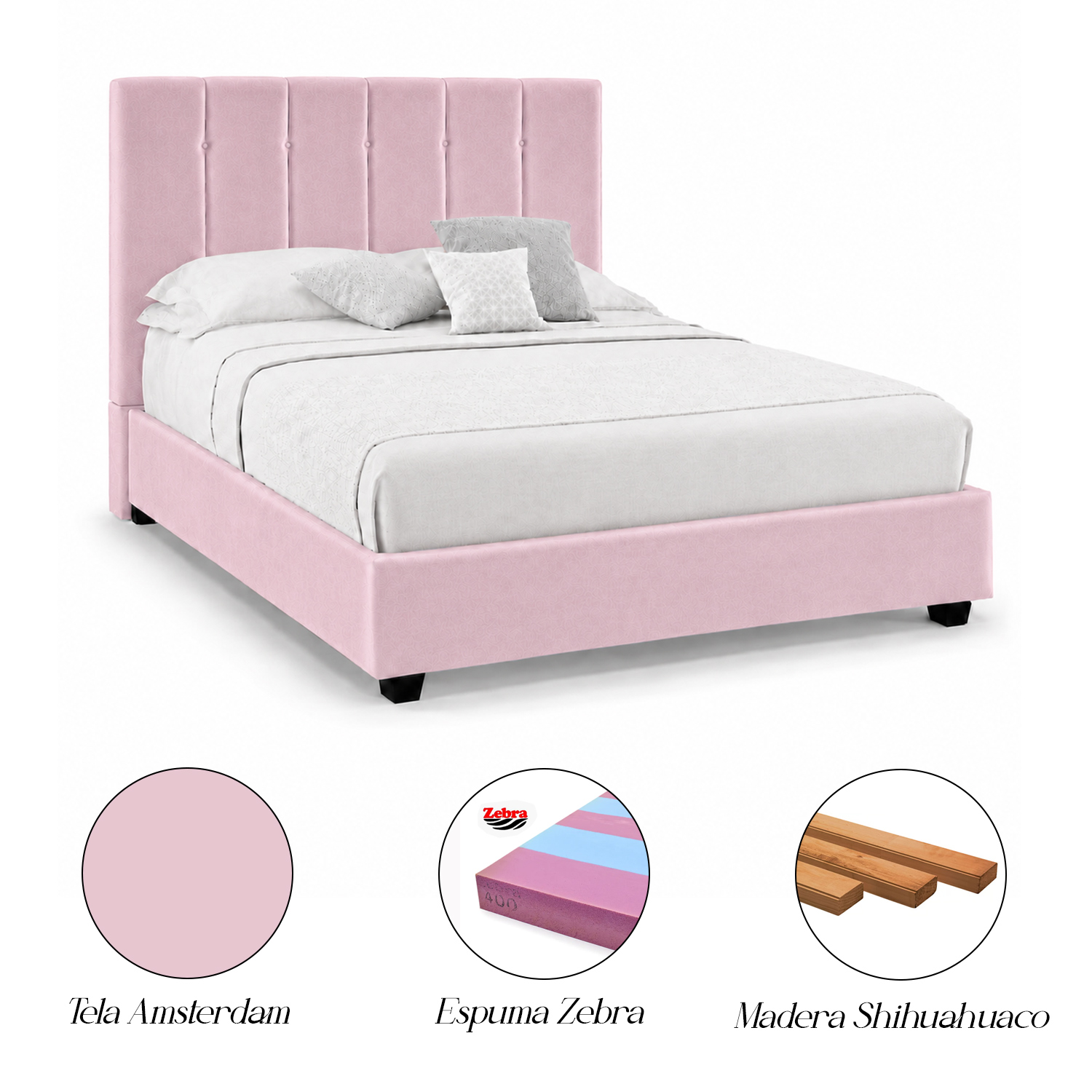 CAMA LEMUEBLE TAPIZADA LISTÓN CAPRI 2 PLAZAS ROSA - 5
