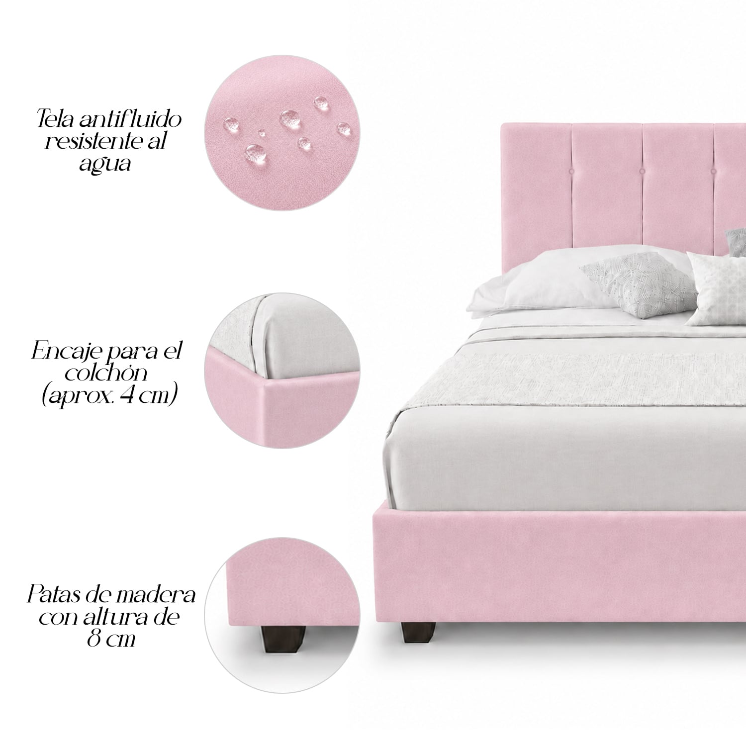 CAMA LEMUEBLE TAPIZADA LISTÓN CAPRI ROSA QUEEN - 4
