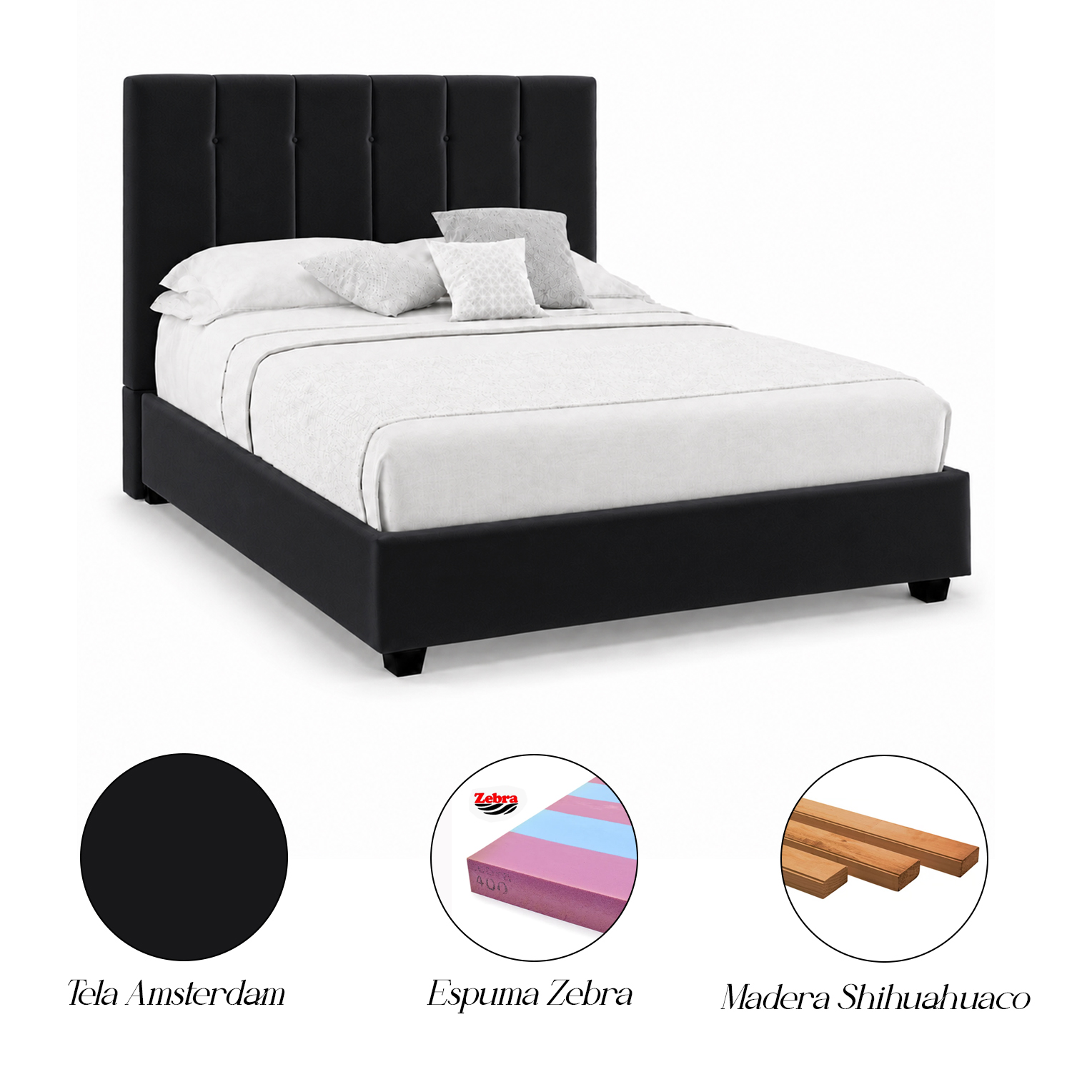 CAMA LEMUEBLE TAPIZADA LISTÓN CAPRI 1.5 PLZ NEGRO - 5