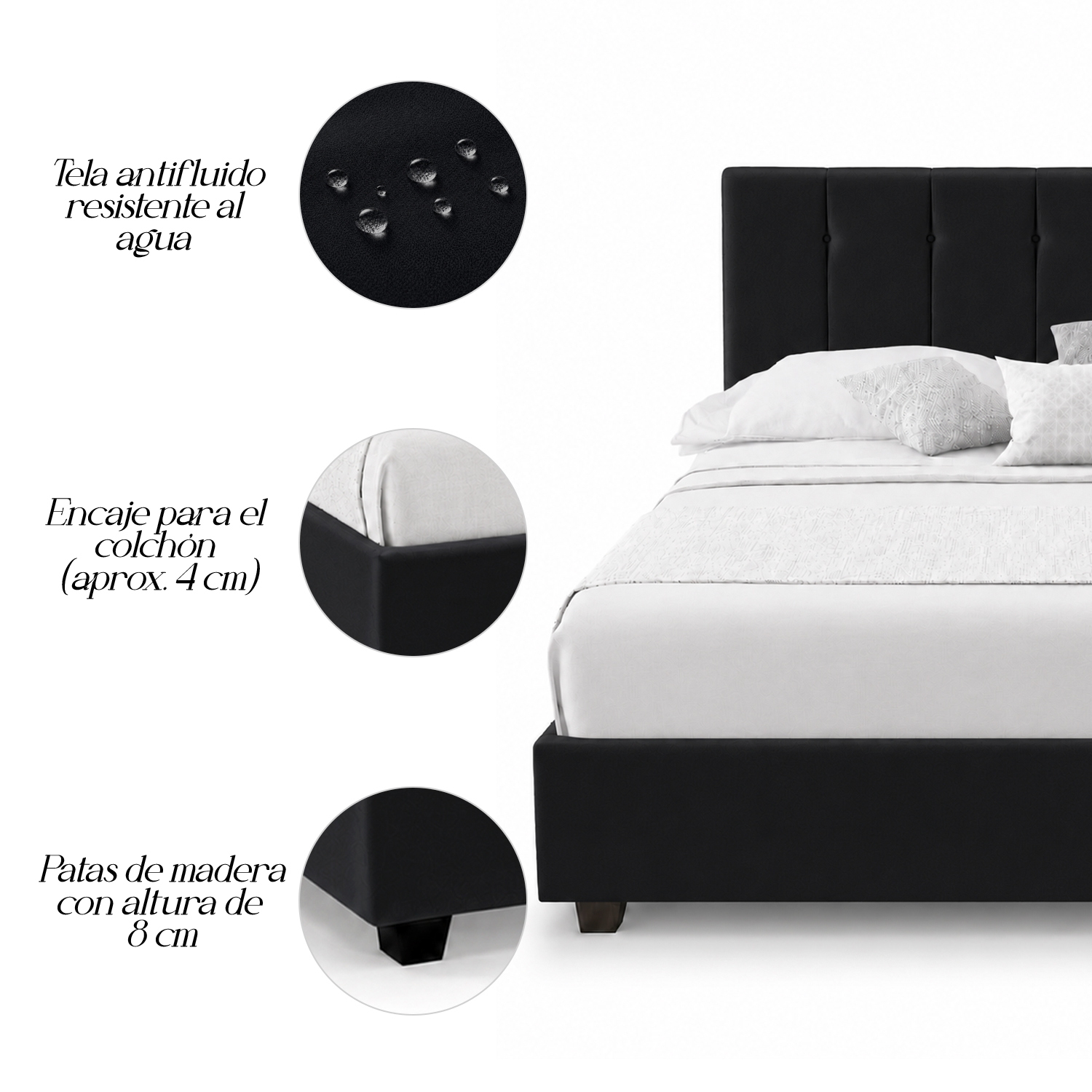 CAMA LEMUEBLE TAPIZADA LISTÓN CAPRI 2 PLAZAS NEGRO - 4