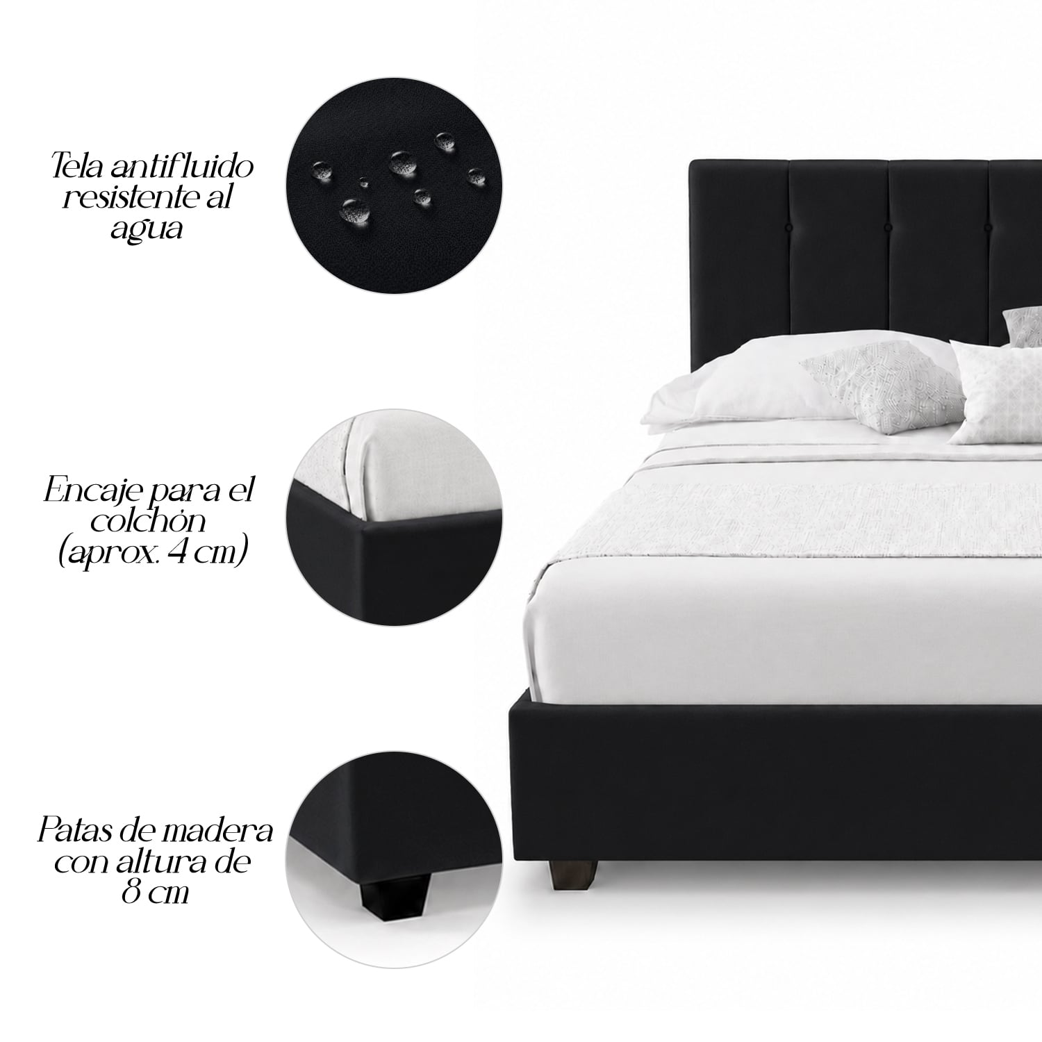 CAMA LEMUEBLE TAPIZADA LISTÓN CAPRI NEGRO QUEEN - 4