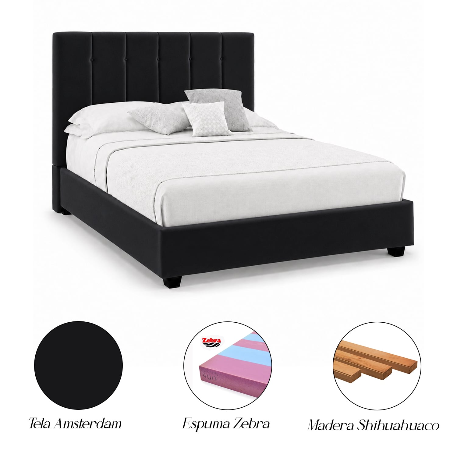 CAMA LEMUEBLE TAPIZADA LISTÓN CAPRI NEGRO QUEEN - 5
