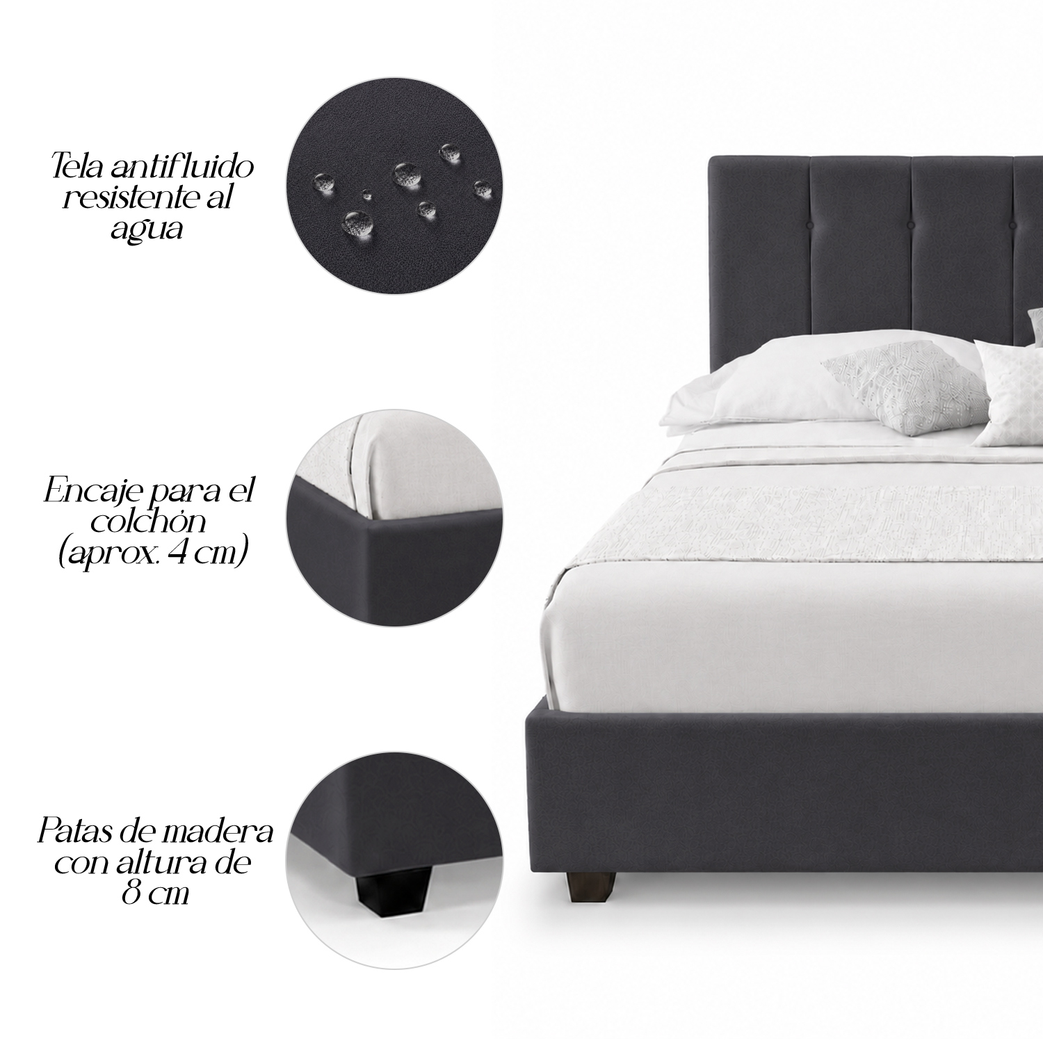 CAMA LEMUEBLE TAPIZADA LISTÓN CAPRI 1.5 PLZ GRIS OSCURO - 4