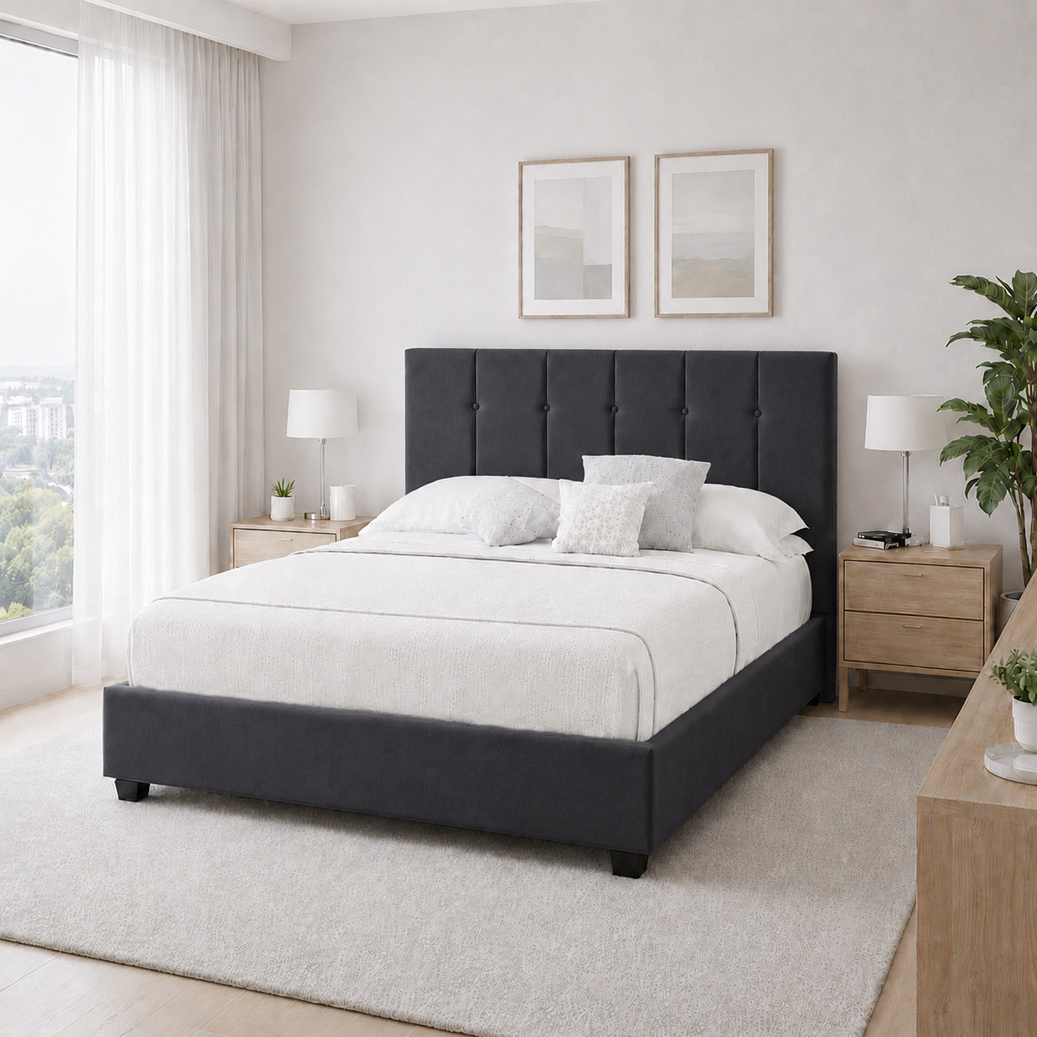 CAMA LEMUEBLE TAPIZADA LISTÓN CAPRI GRIS OSCURO QUEEN - 3