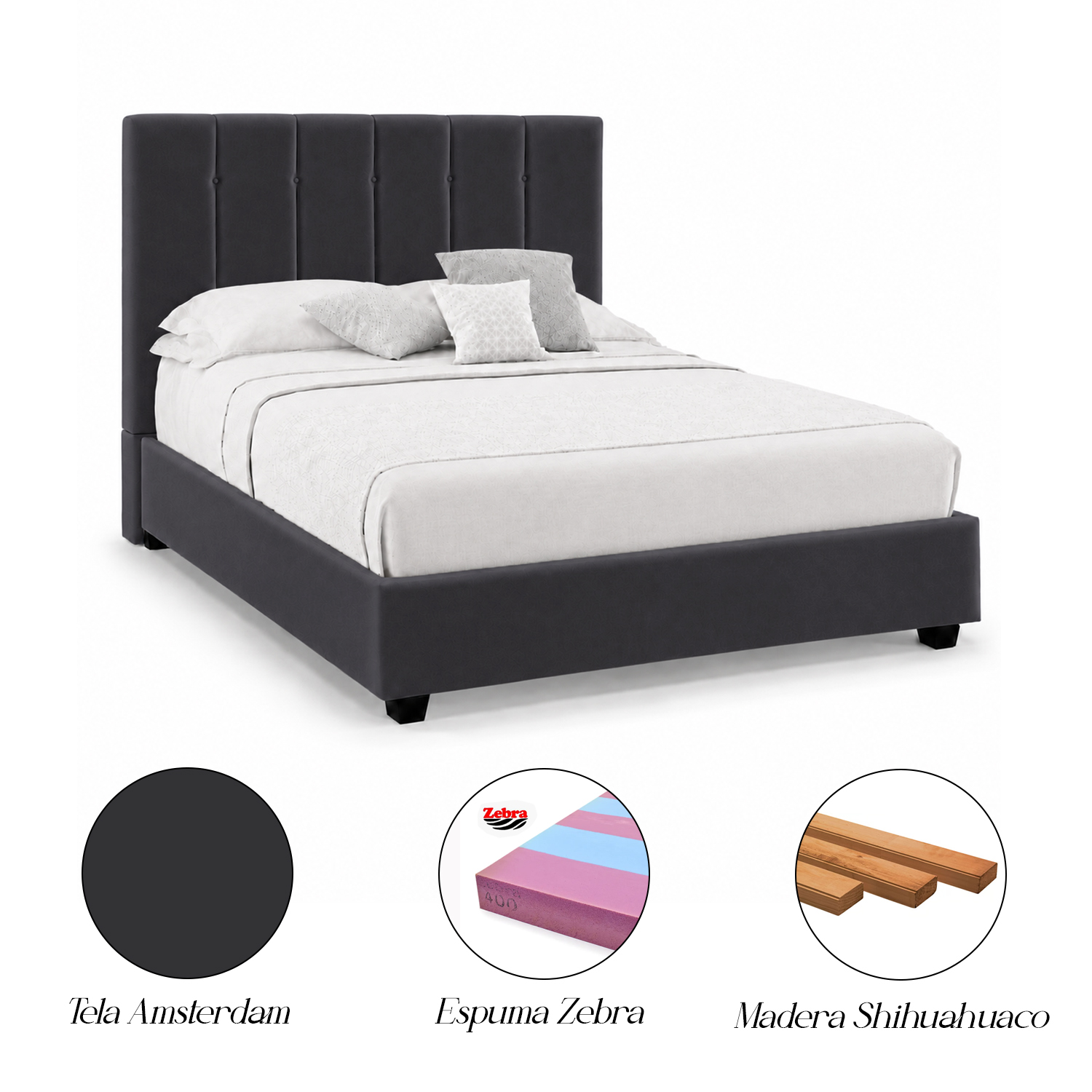 CAMA LEMUEBLE TAPIZADA LISTÓN CAPRI GRIS OSCURO QUEEN - 5