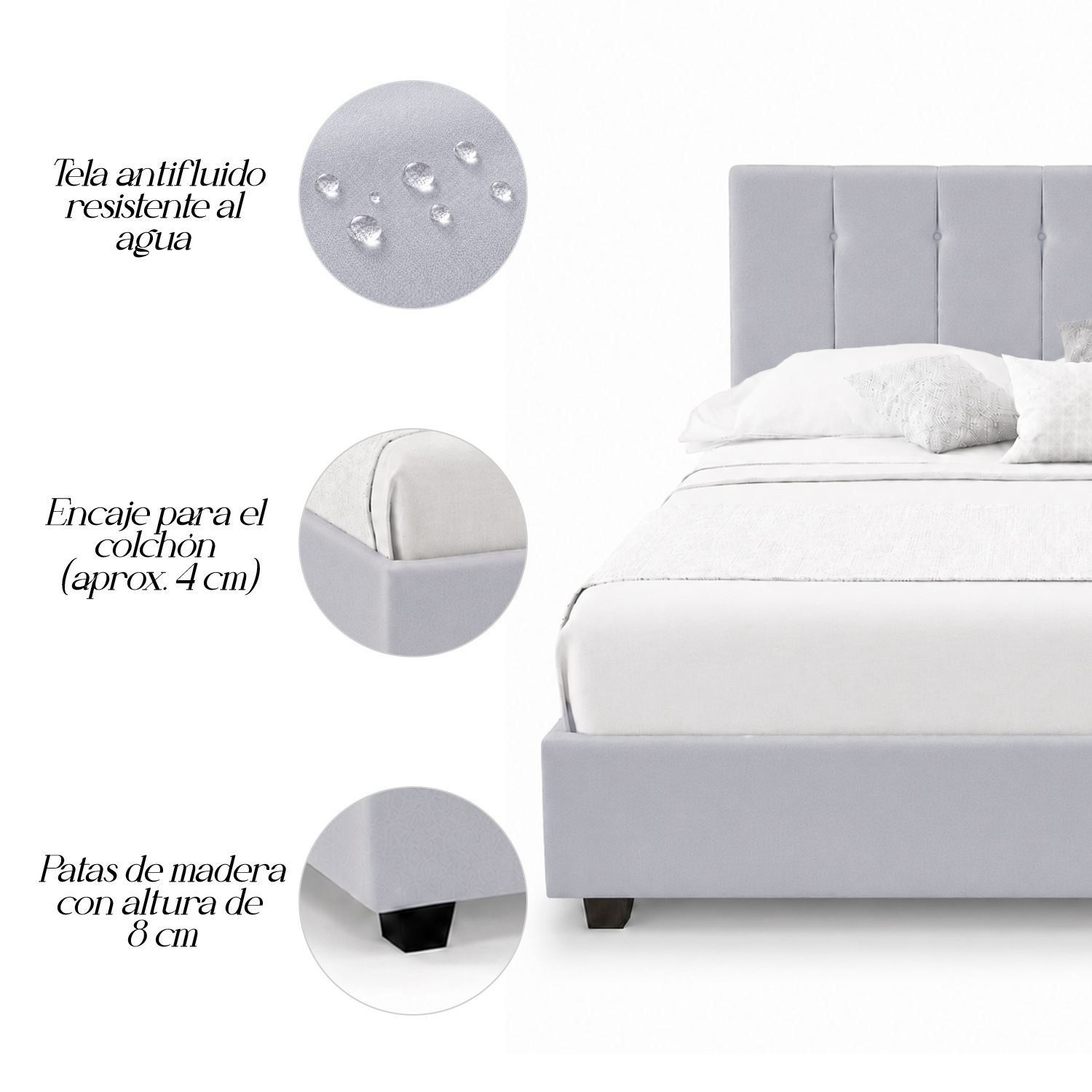 CAMA LEMUEBLE TAPIZADA LISTÓN CAPRI GRIS CLARO QUEEN - 4