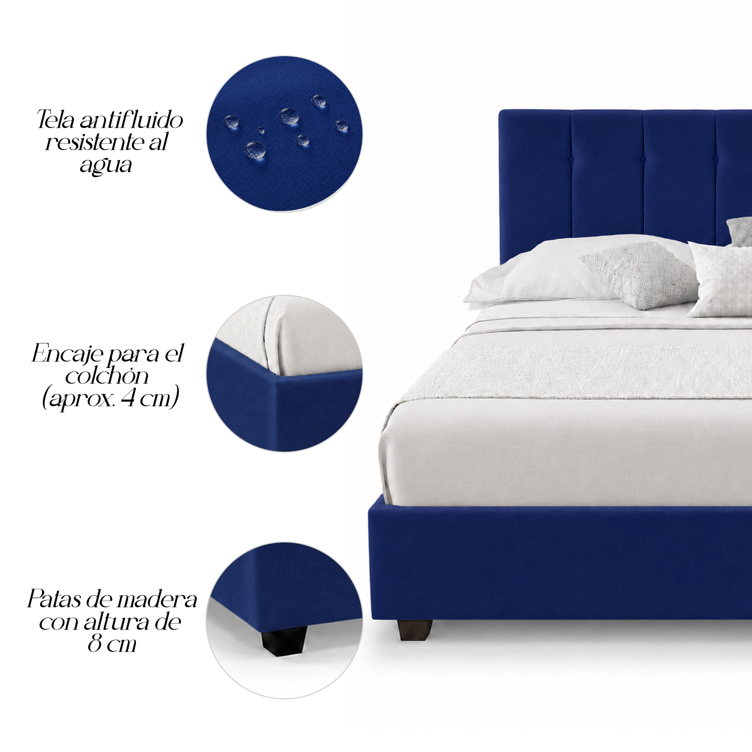 CAMA LEMUEBLE TAPIZADA LISTÓN CAPRI 1.5 PLZ AZUL - 4