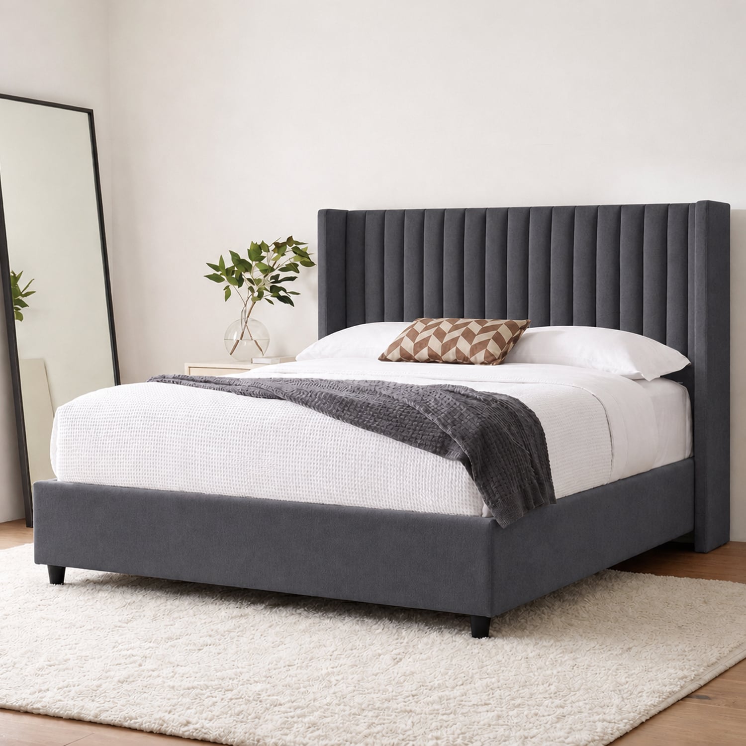 CAMA LEMUEBLE TAPIZADA PANEL GRIS OSCURO QUEEN - 3