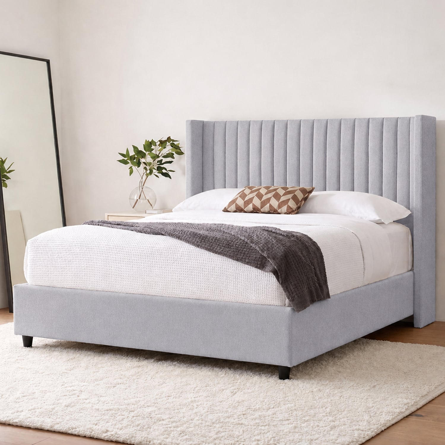 CAMA LEMUEBLE TAPIZADA PANEL GRIS CLARO QUEEN - 3