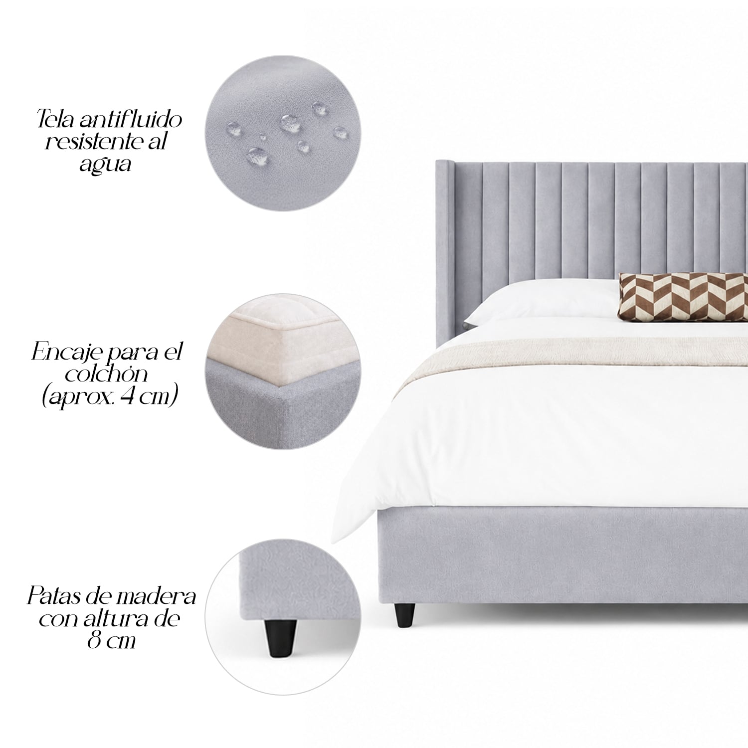 CAMA LEMUEBLE TAPIZADA PANEL GRIS CLARO QUEEN - 4
