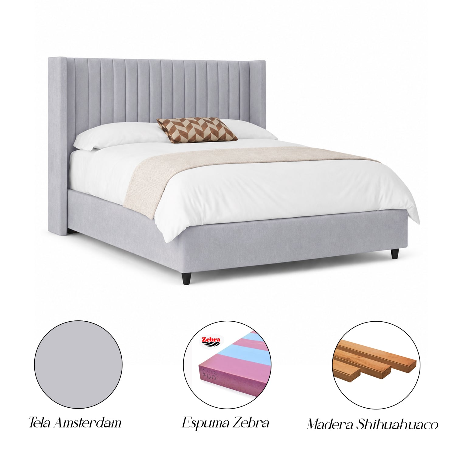 CAMA LEMUEBLE TAPIZADA PANEL GRIS CLARO QUEEN - 5