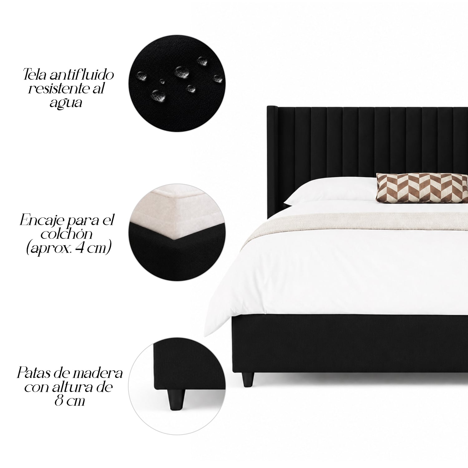 CAMA LEMUEBLE TAPIZADA PANEL 1.5 PLZ NEGRO - 4