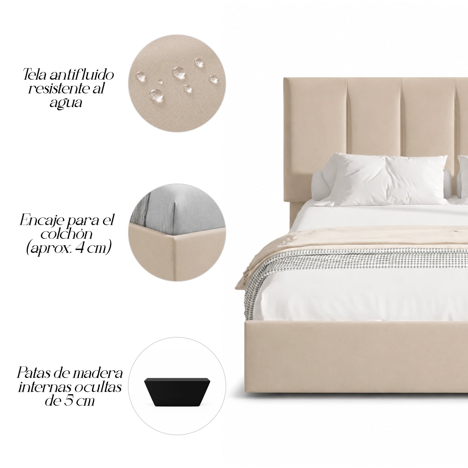 CAMA LEMUEBLE TAPIZADA LISTÓN ADDA QUEEN BEIGE - 3