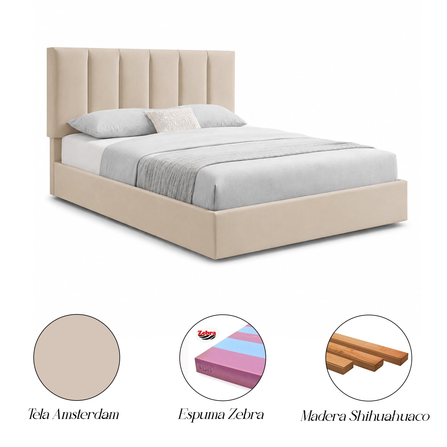CAMA LEMUEBLE TAPIZADA LISTÓN ADDA QUEEN BEIGE - 4