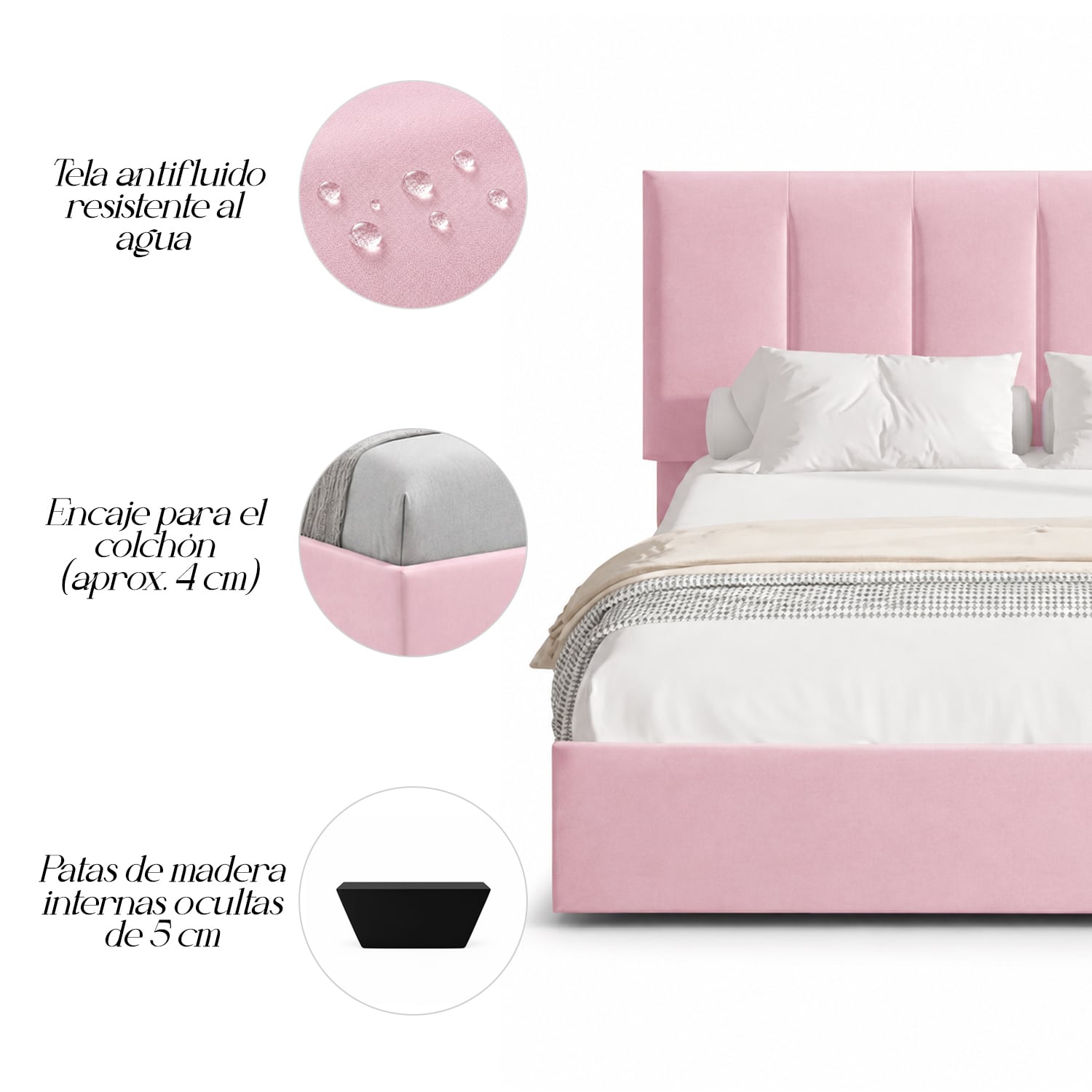CAMA LEMUEBLE TAPIZADA LISTÓN ADDA 1.5 PLZ ROSA - 3
