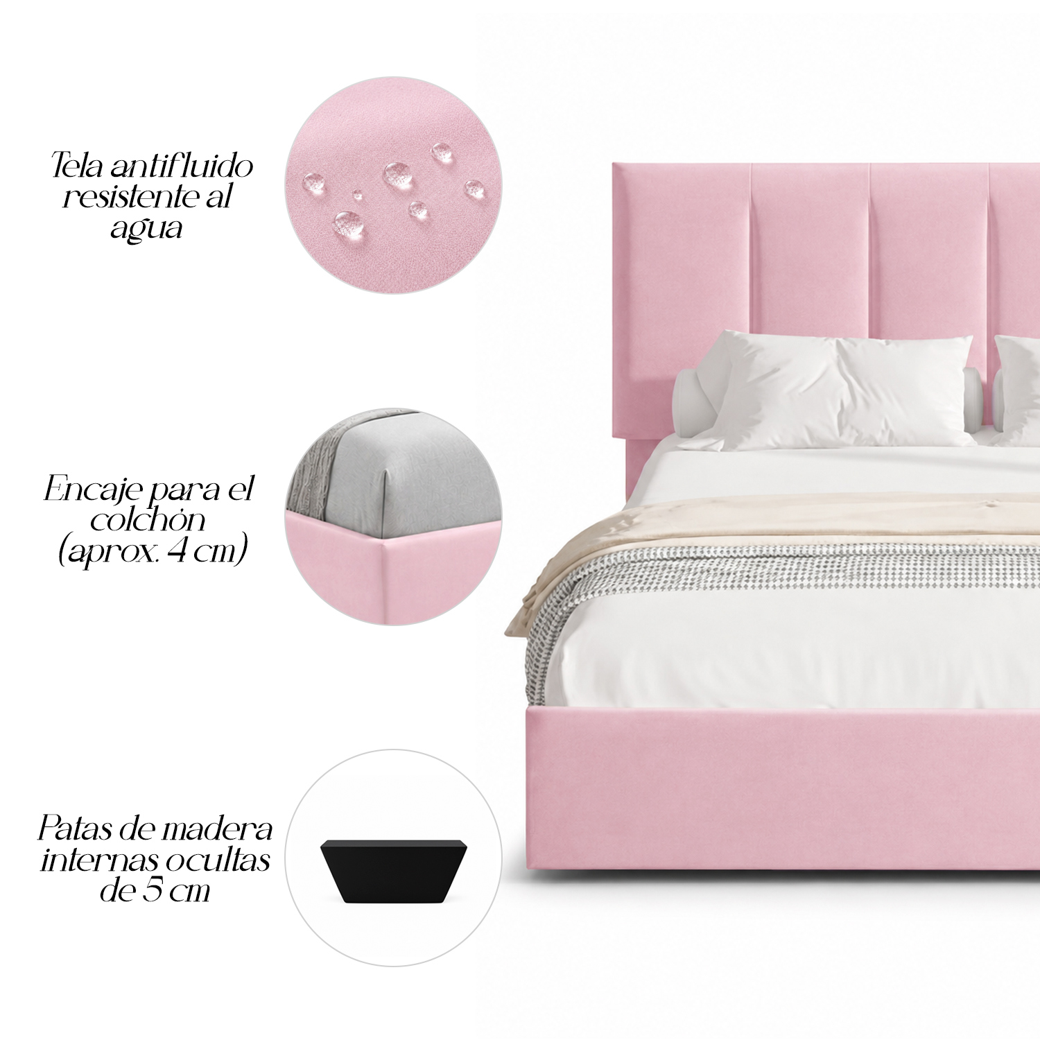 CAMA LEMUEBLE TAPIZADA LISTÓN ADDA QUEEN ROSA - 3