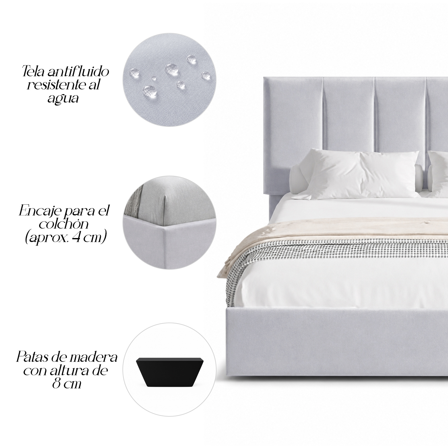 CAMA LEMUEBLE TAPIZADA LISTÓN ADDA QUEEN GRIS CLARO - 3