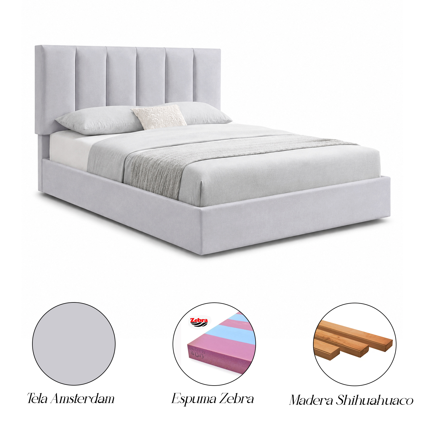 CAMA LEMUEBLE TAPIZADA LISTÓN ADDA QUEEN GRIS CLARO - 4