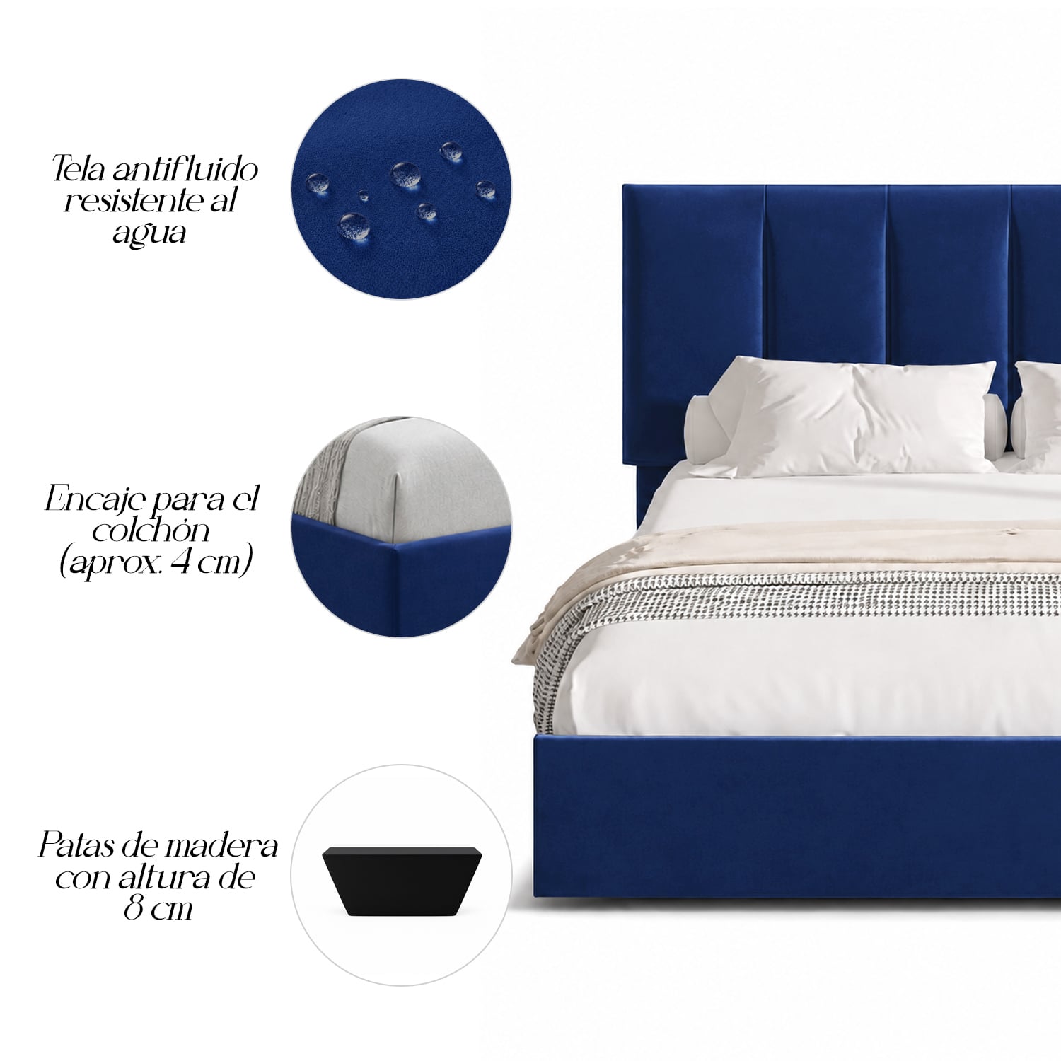 CAMA LEMUEBLE TAPIZADA LISTÓN ADDA 1.5 PLZ AZUL - 3