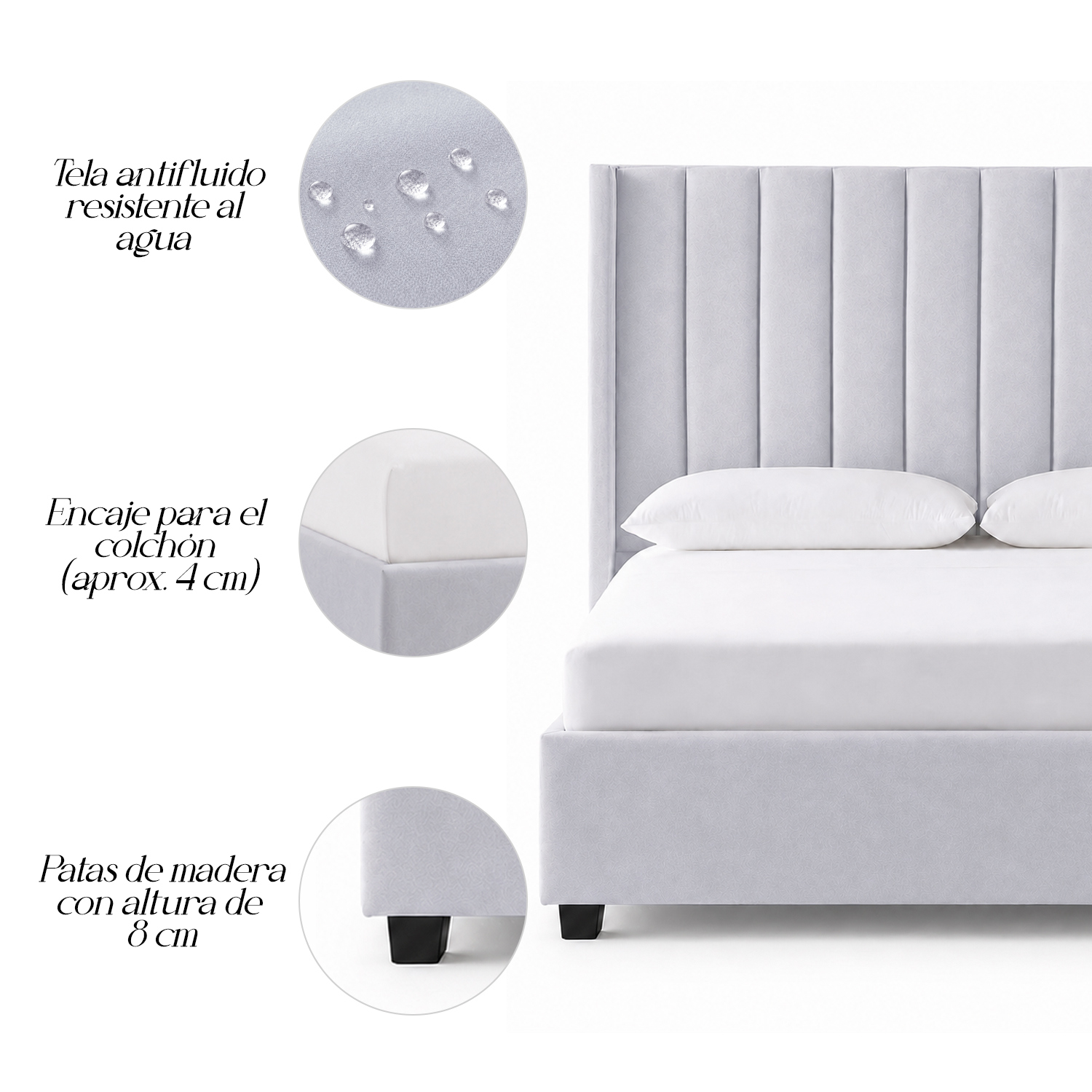 CAMA LEMUEBLE TAPIZADA LISTÓN CON PATAS DE MADERA QUEEN GRIS CLARO - 4