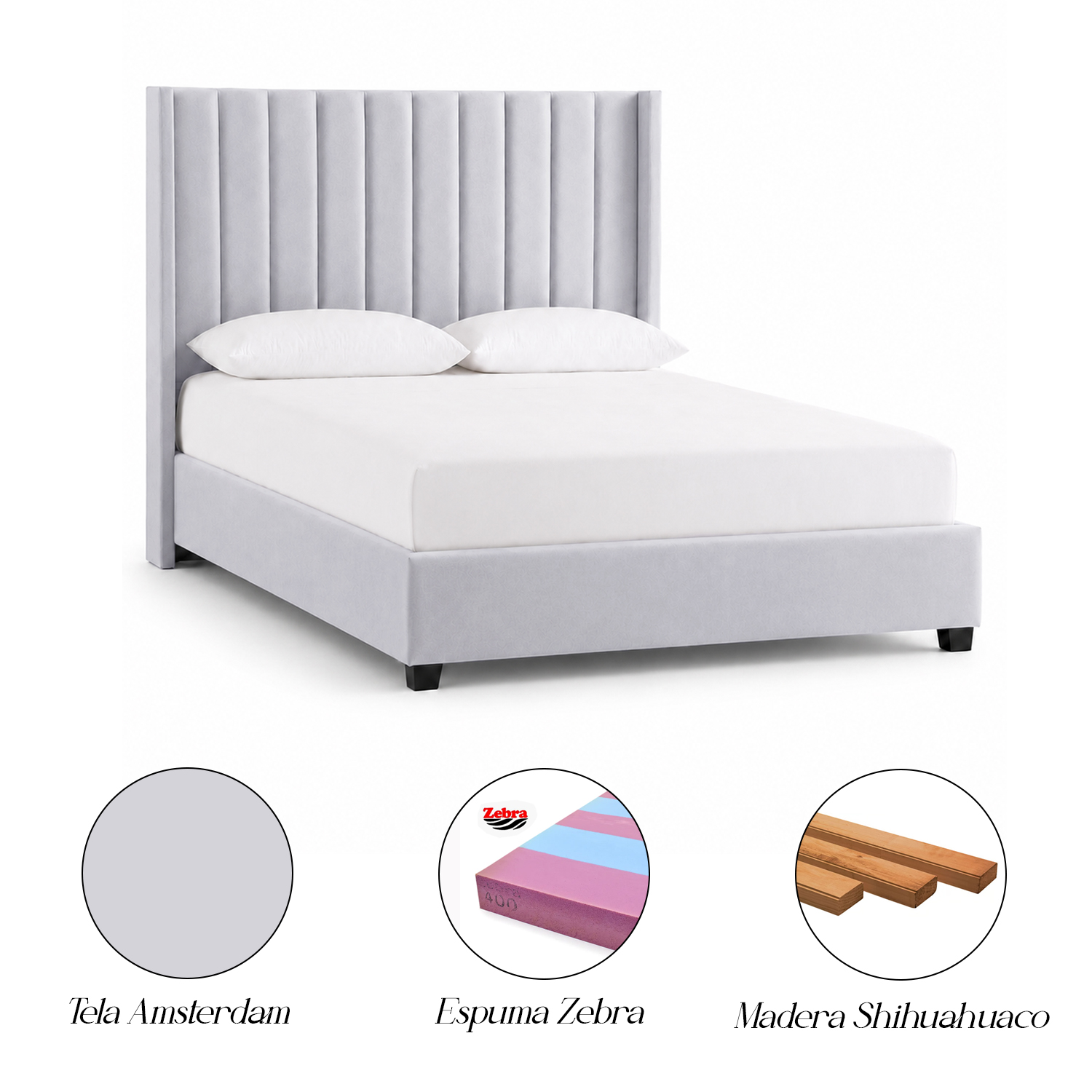 CAMA LEMUEBLE TAPIZADA LISTÓN CON PATAS DE MADERA QUEEN GRIS CLARO - 5