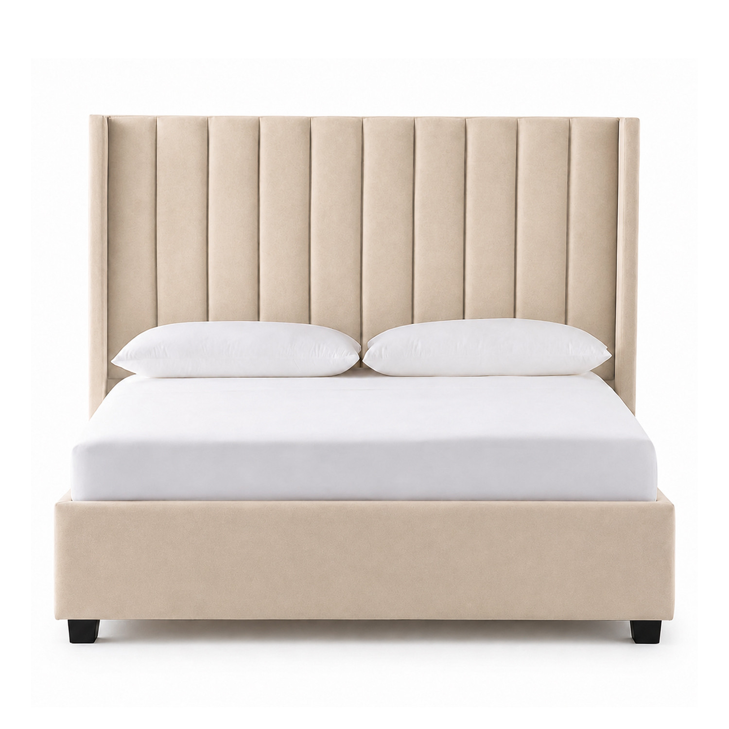 CAMA LEMUEBLE TAPIZADA LISTÓN CON PATAS DE MADERA QUEEN BEIGE - 1